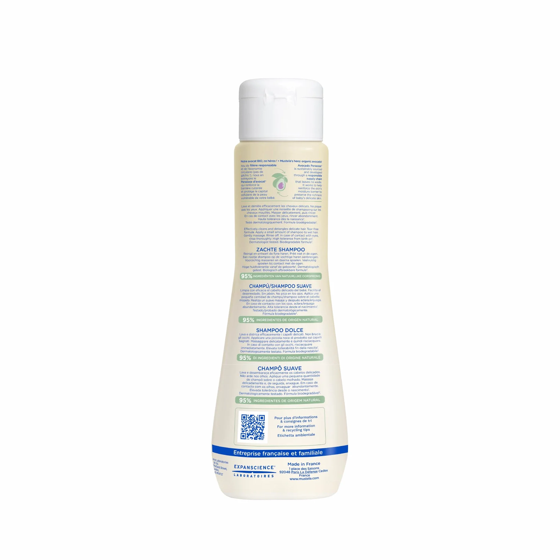 Mustela Shampoo Dolce al Perseose di Avocado BIO e Camomilla, Corpo e Capelli, Neonati, Bambini, Tutta la Famiglia - Evita la Formazione dei Piccoli Nodi, Non Brucia (200ml)