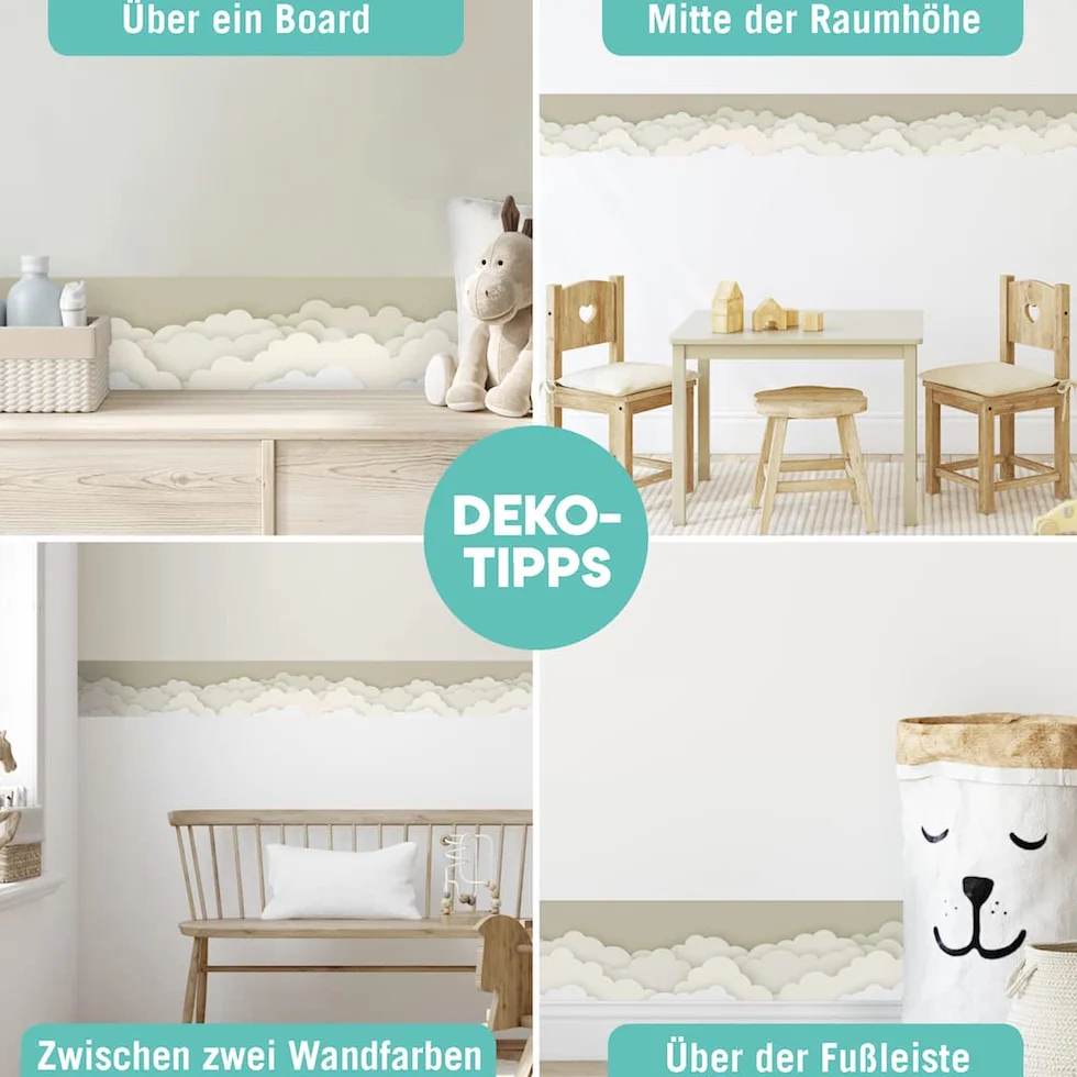 Bordo autoadesivo per cameretta dei bambini con le Nuvole in Cielo beige, 450 x 11,5 cm, decorazione da parete per ragazze e ragazzi