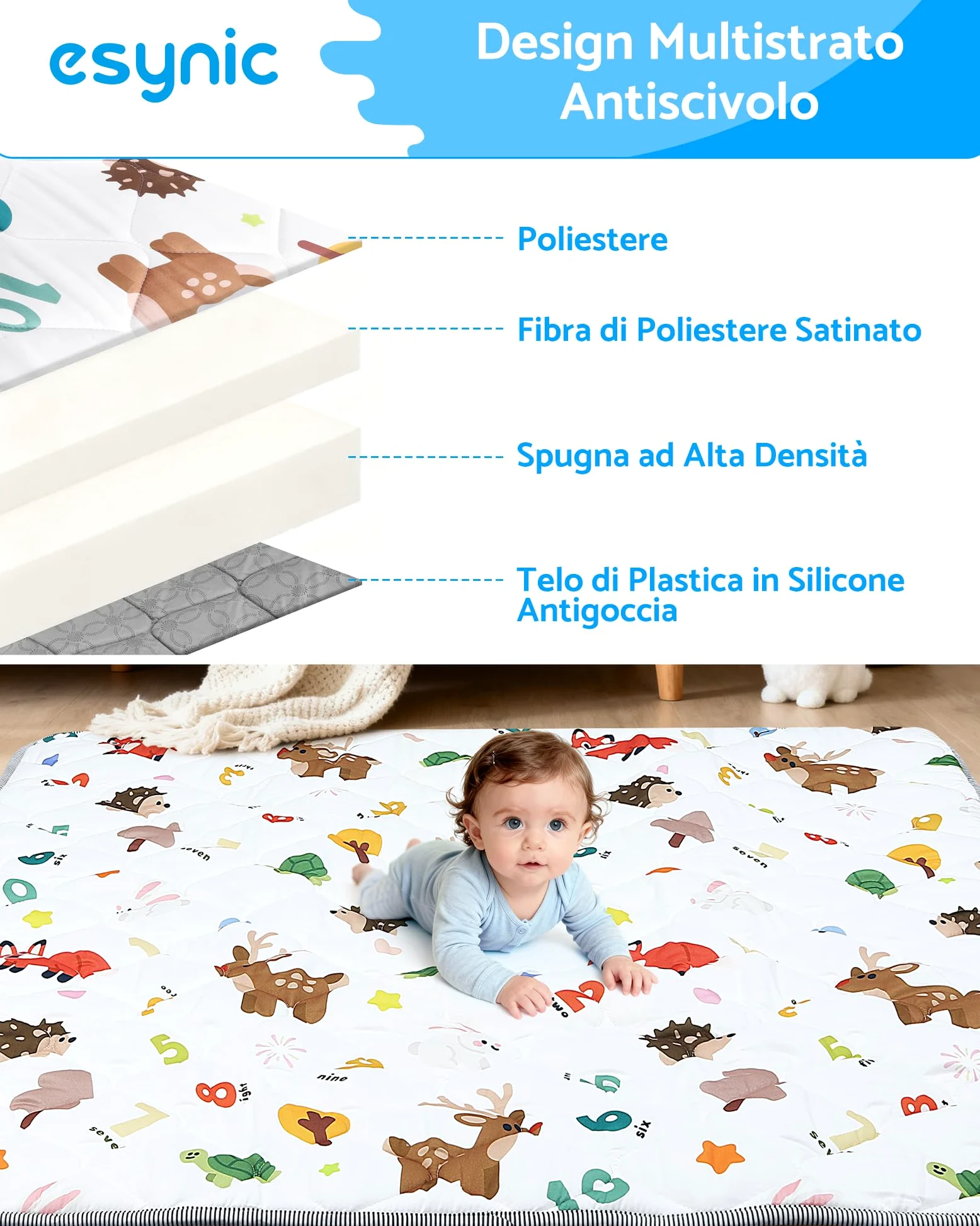 eSynic Tappetino da Gioco Pieghevole per Bambini 150x150cm, Antiscivolo a 4 Strati ed Educativo con Design Animali e Numeri, Tappeto Neonato per Gattonamento, Picnic e Recinti, Lavabile in Lavatrice