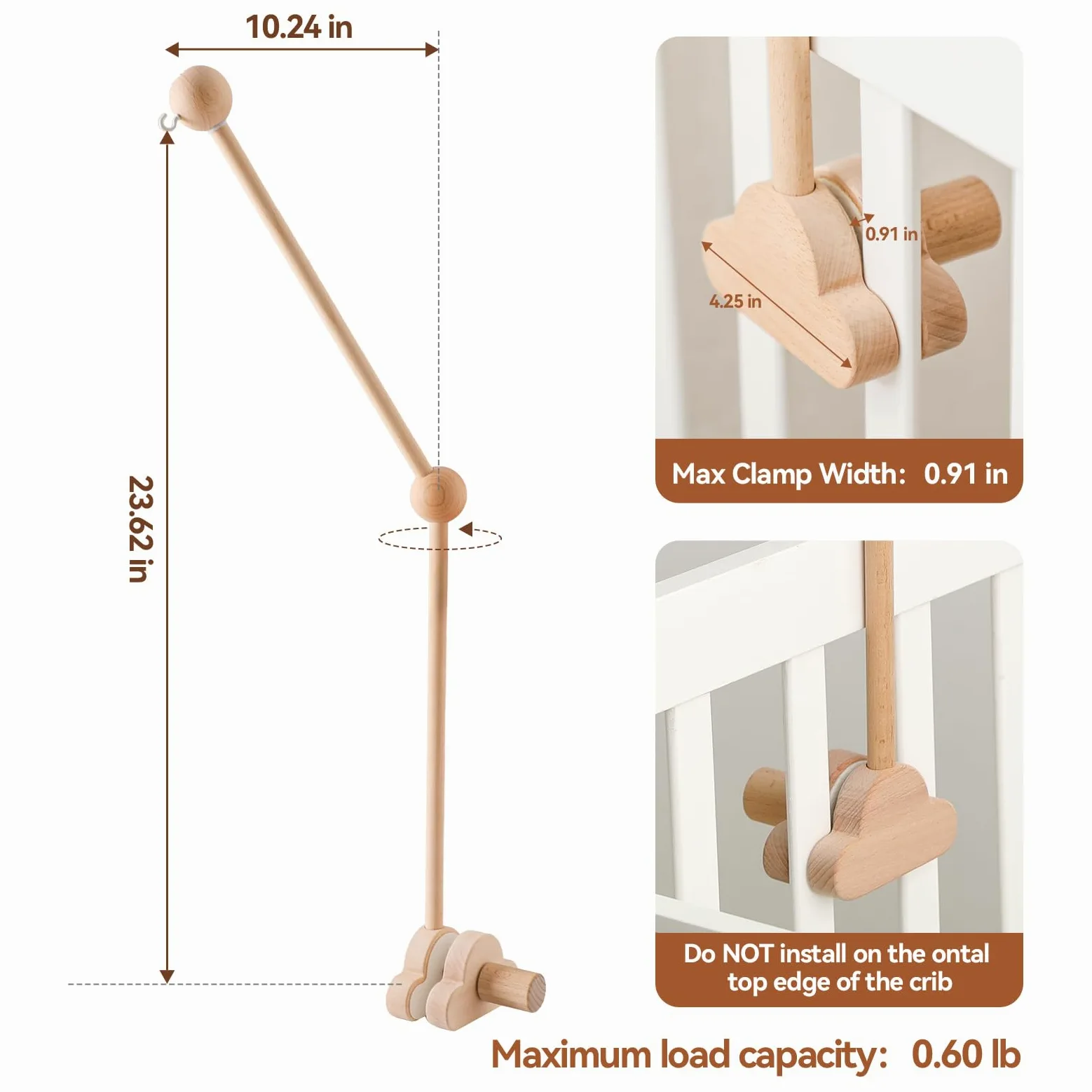 OESSUF Braccio mobile per culla, 68 cm, regolabile, in legno, design a nuvola bianca, supporto mobile per culla (legno)