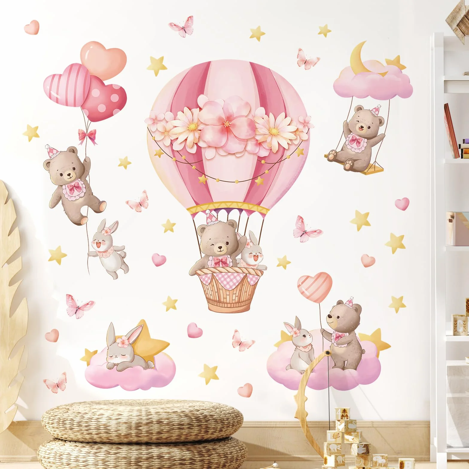 Tanlaby Mongolfiera Rosa Adesivo da Parete Orso Coniglio Stelle Nuvole Adesivi Murali Animali a Palloncino Decorazione Murale per la Cameretta dei Bambini Camera da Letto Aula