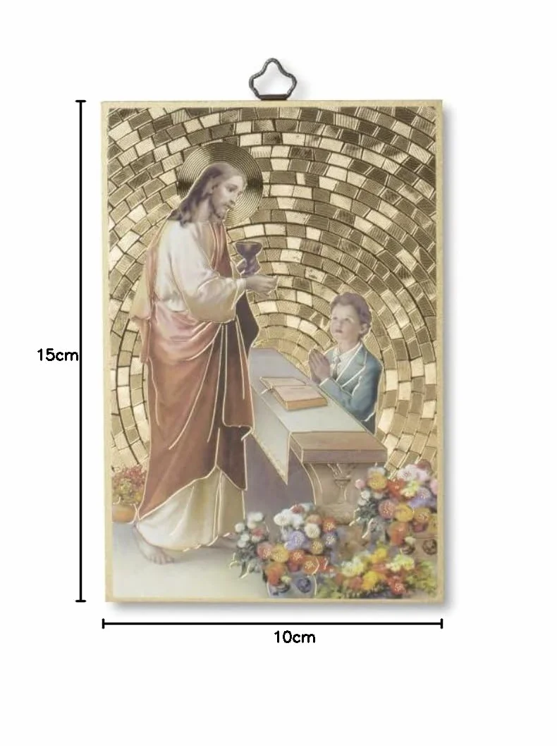 Fratelli Bonella | Quadro Sacro su legno MDF di pioppo 8mm con Mosaico in lamina dorata di un ragazzo che riceve la Prima Comunione con Preghiera sul retro 10 x 15 cm | Made in Italy
