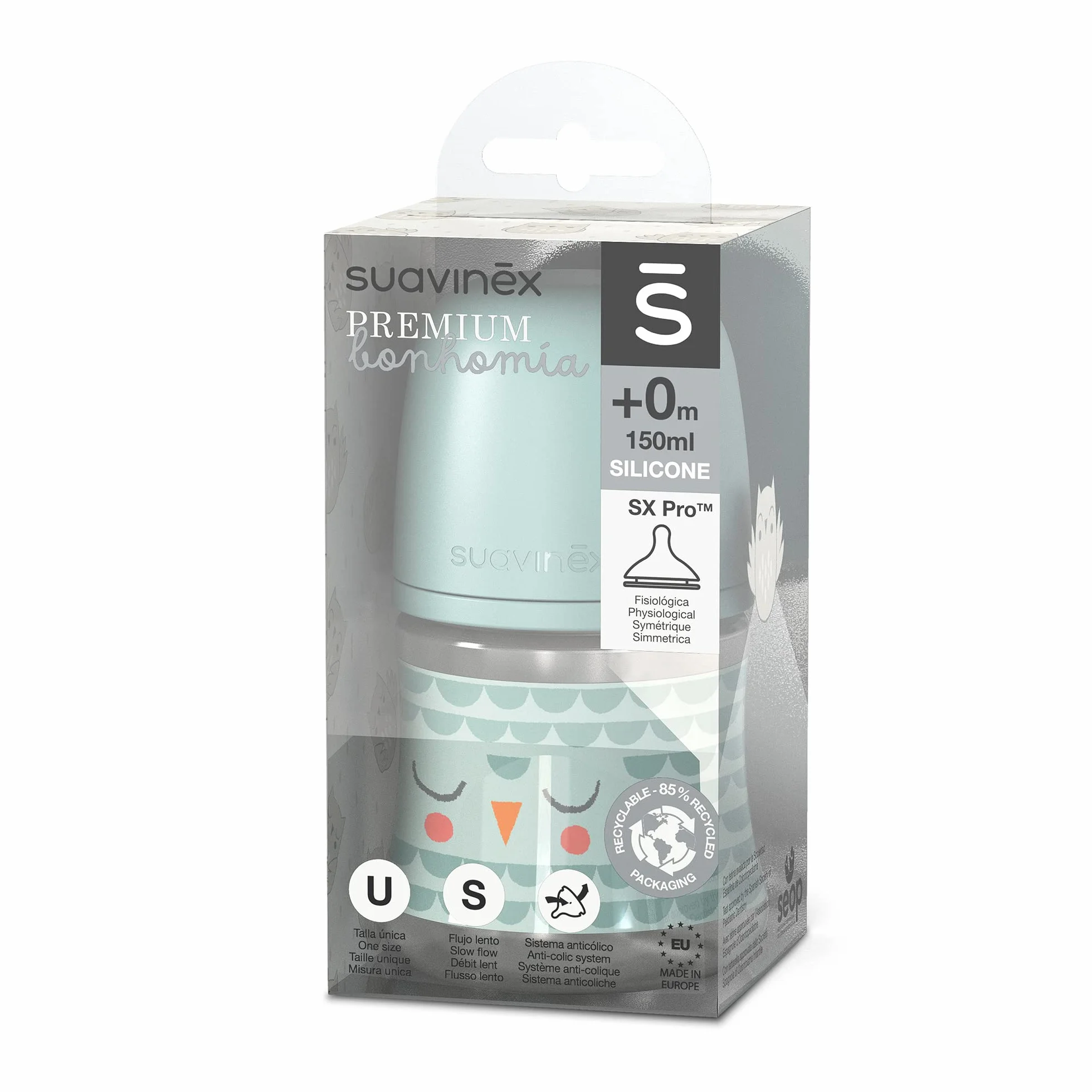Suavinex, Biberon da 150 ml, Premium con Tettarella Simmetrica SX Pro in Silicone, con valvola anticolica, Flusso Lento, ottime dalla nascita 0+ Bonhomia, Verde