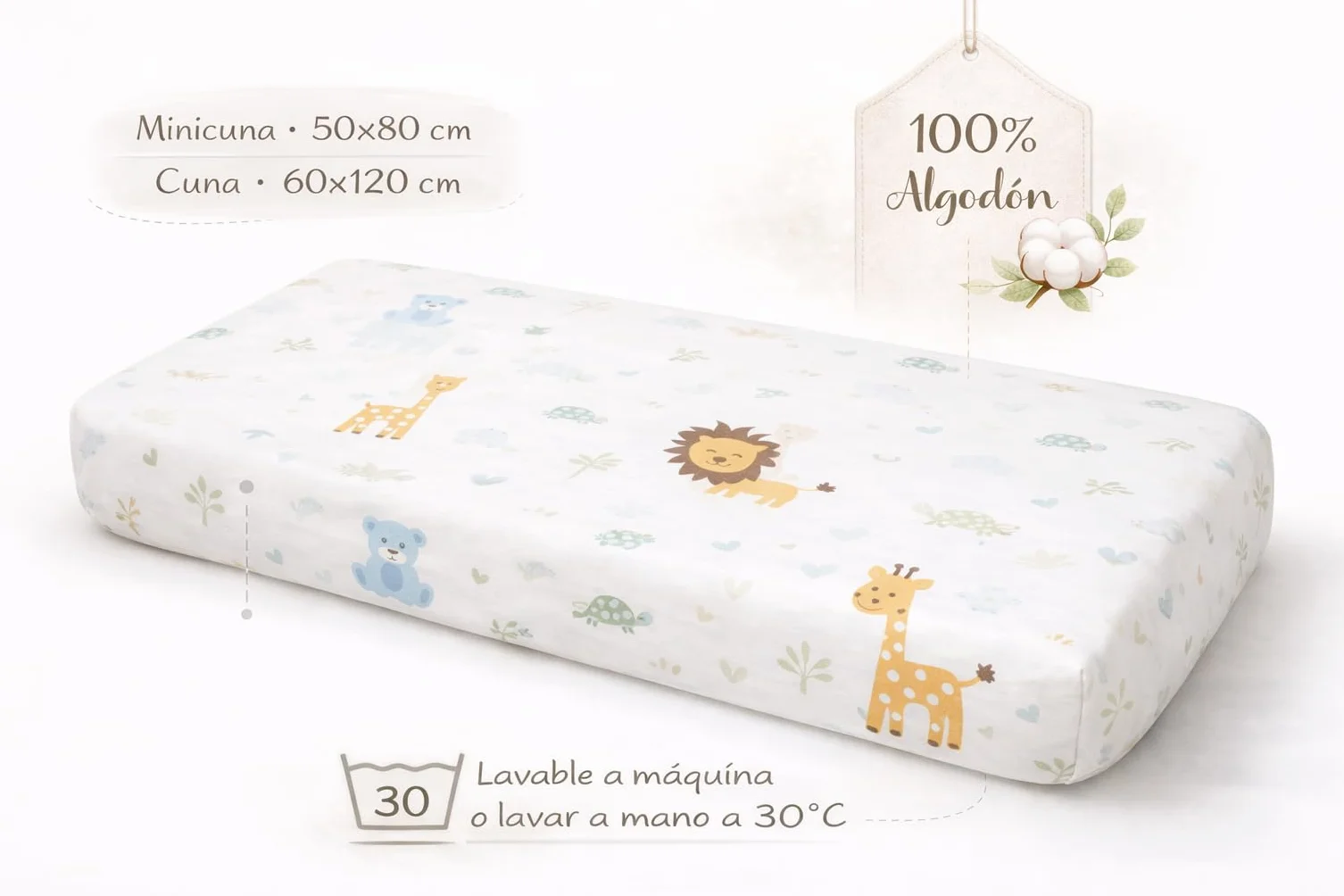 TRAMAS+ Set di Lenzuola per Culla e Miniculla, Lenzuola 100% Cotone Super Morbido per Bebè, Tessili per Cameretta 3 Pezzi con Disegni Allegri - Culla - 60x120 cm, Animales