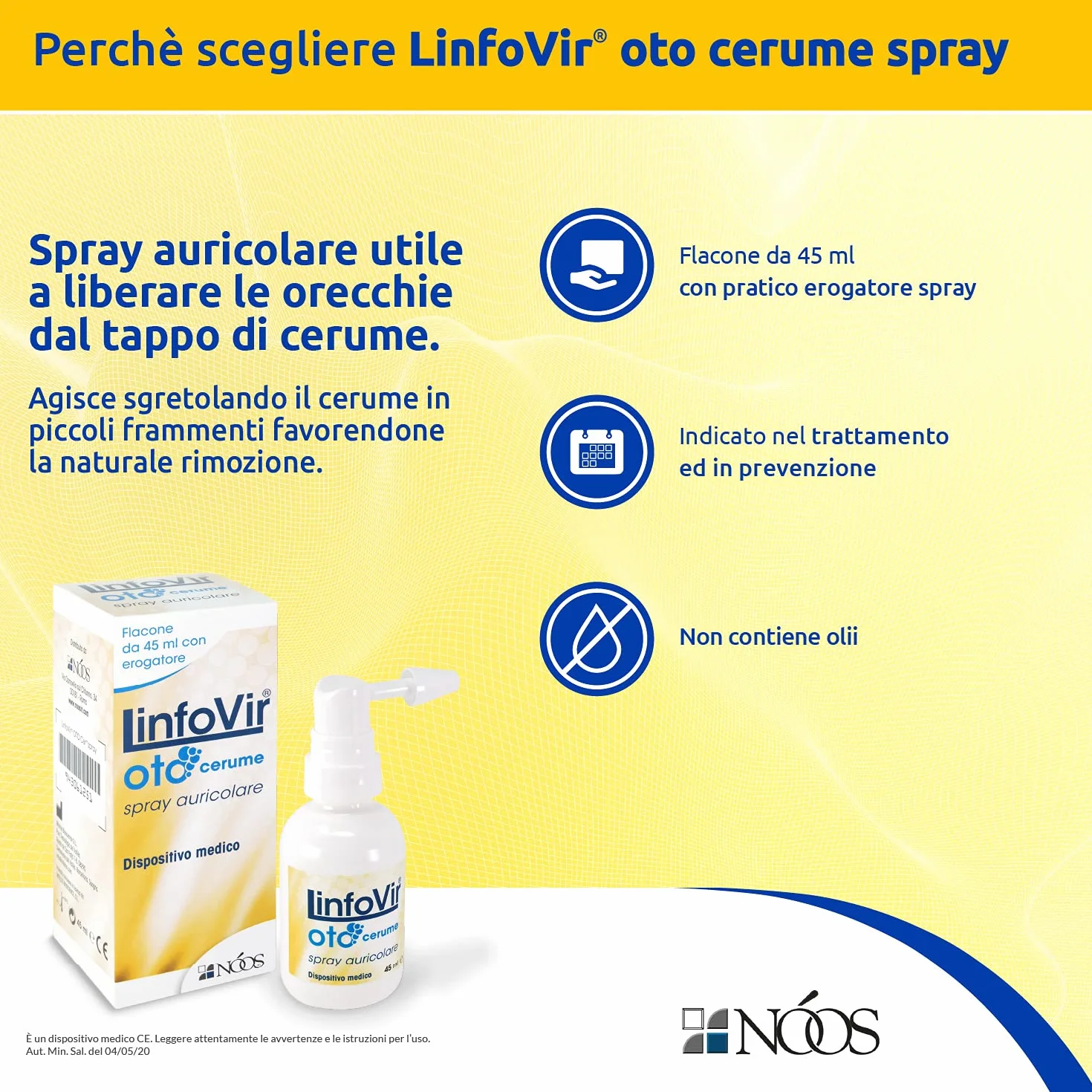 NÓOS Linfovir Oto Cerume Spray Pulizia Orecchie Adulti e Bambini 45ml, Spray Auricolare con Perossido di Idrogeno Senza Oli, Rimuovi Cerume Orecchie, Formula per Rimuovere Tappi e Grumi