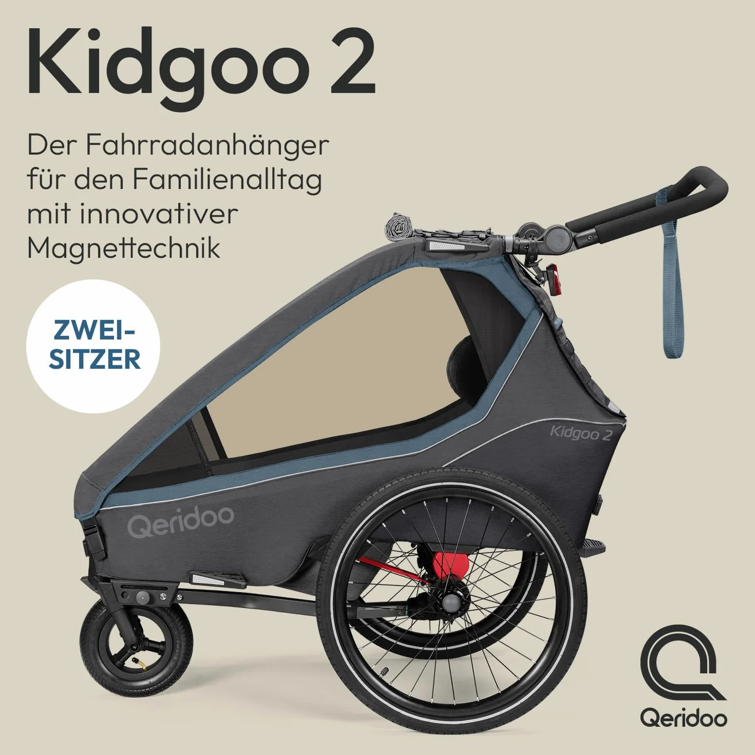 Qeridoo Rimorchio per bicicletta Kidgoo 2 blu navy con sistema di cinture a 5 punti e Easy ARS, pieghevole, con ruota girevole a 360 gradi e protezioni per la testa brevettate, per 2 bambini!