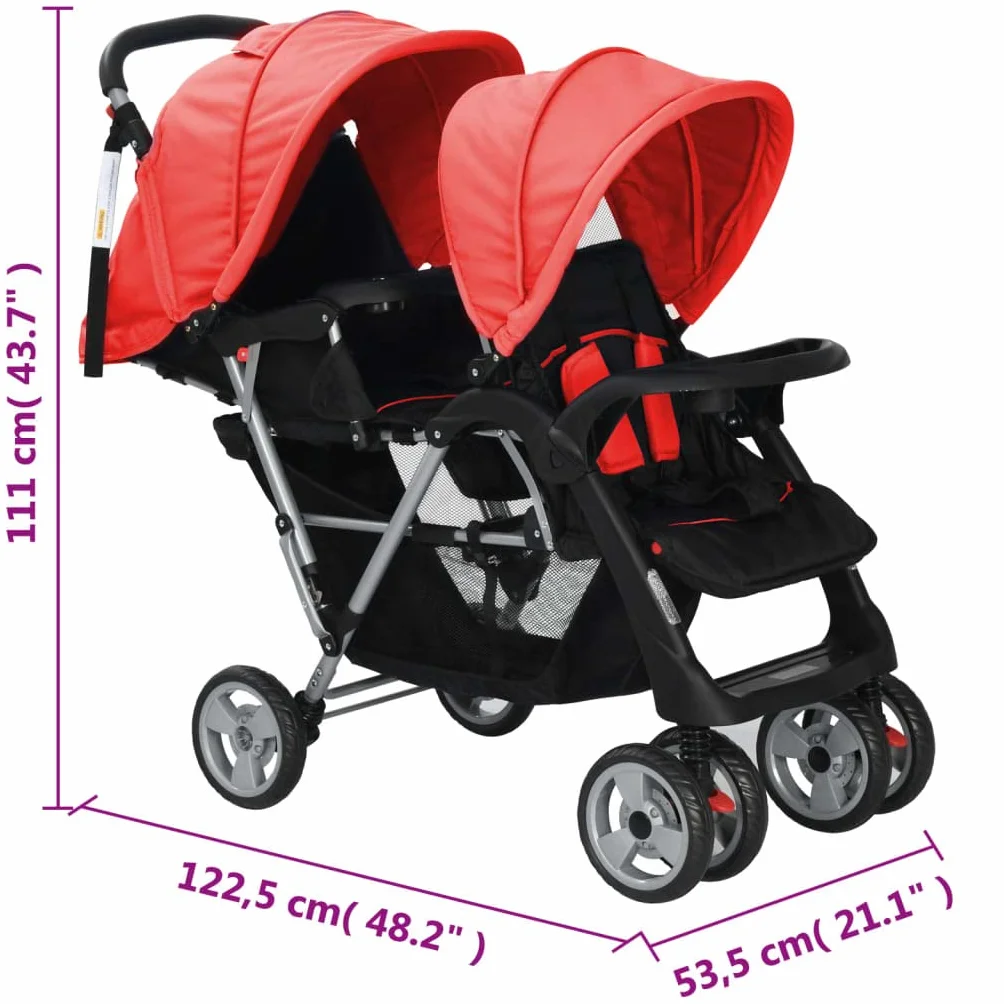vidaXL 10111 - Passeggino gemellare, colore: rosso, multicolore
