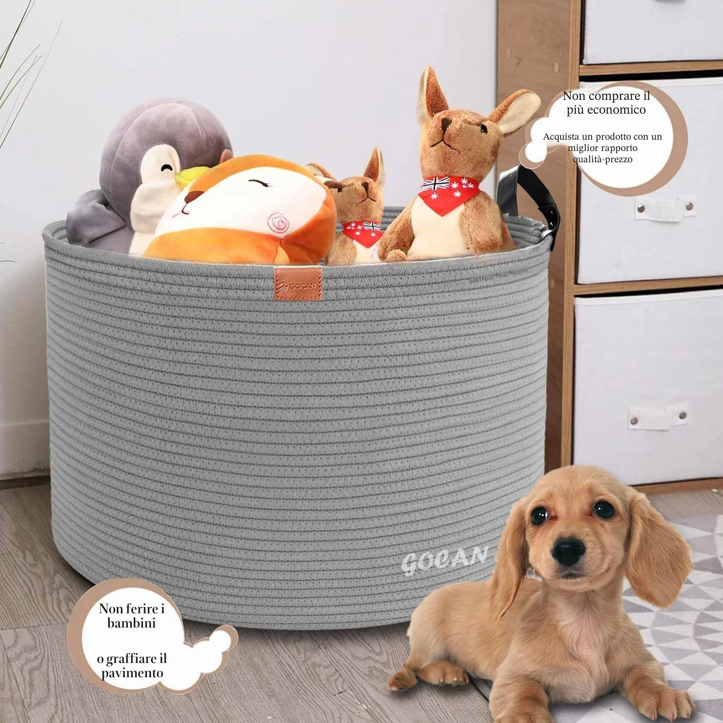 GOCAN XXXL Cesto Portaoggetti, Cesto Grande, Cesto per Biancheria in Corda di Cotone, Cesto per Biancheria per Coperte, Cuscini nel Soggiorno, Vestiti Giocattoli nella Cameretta dei Bambini, grigio