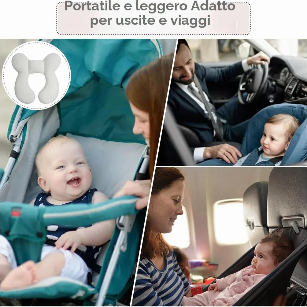 cuscino da viaggio per neonati con supporto per la testa (aggiornato), morbido cuscino in cotone per neonati per seggiolini auto e passeggini, bianco