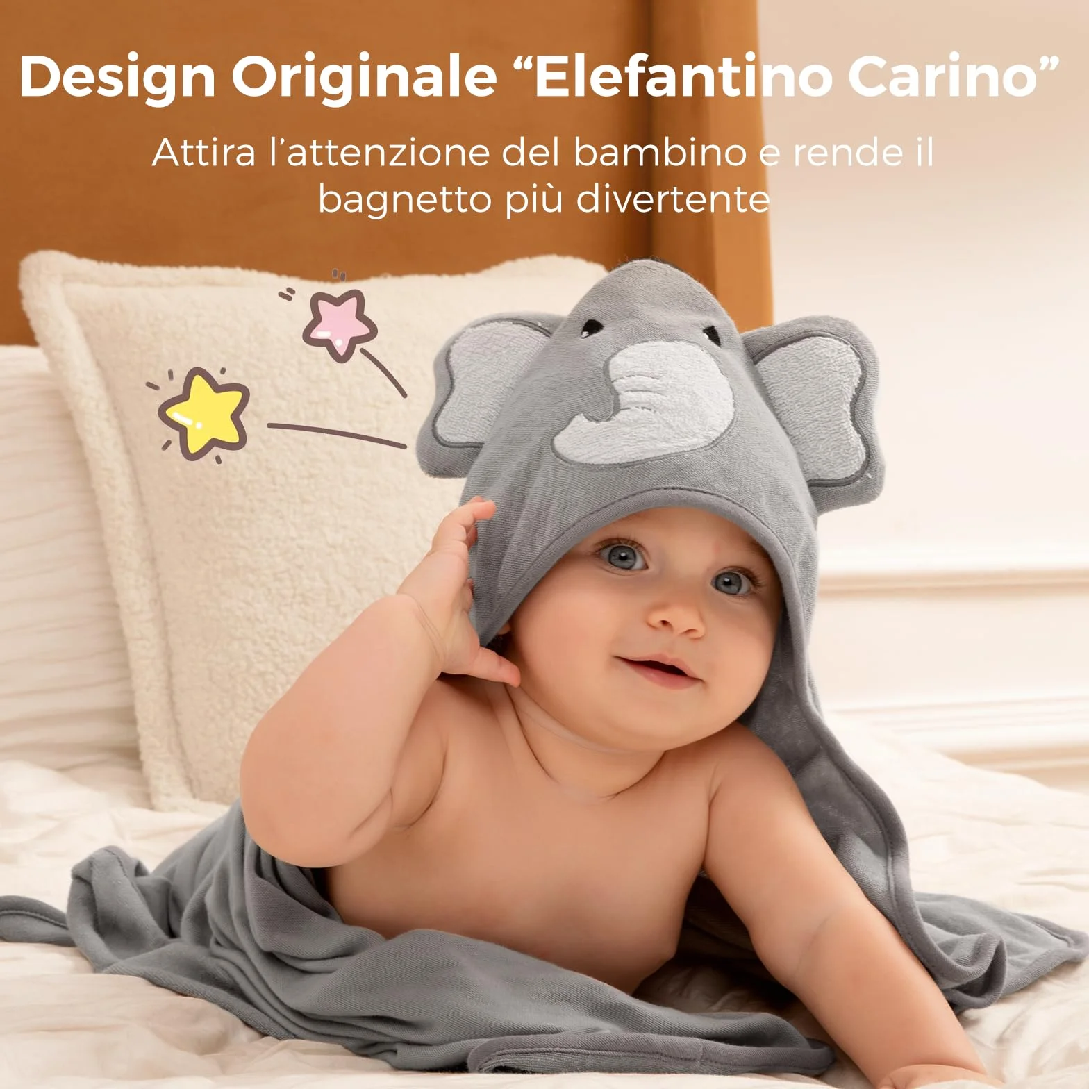momcozy Set Asciugamani per Bambini 8 pz con Cappuccio, 2 Accappatoi Neonato 76x76 cm + 6 Quadrati Cotone 24x24 cm, Morbido e Super Assorbente, Elefante – Regalo Nascita Bimbo, Regali Neonata Femmina