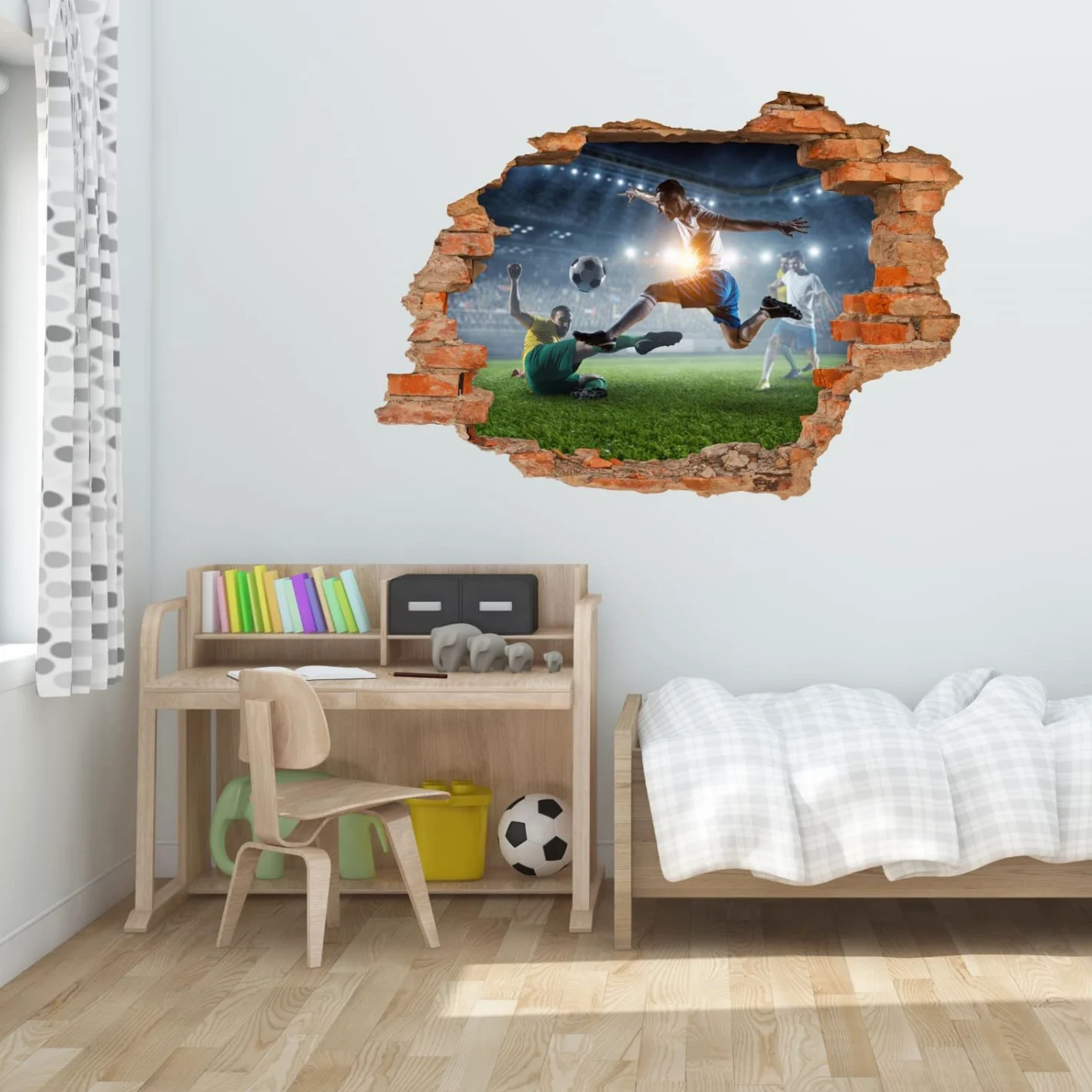 nikima Schönes für Kinder 223 - Adesivo da parete, motivo calcio, foro nella parete, dimensioni: 1500 x 1000 mm, in 6 misure, per cameretta dei bambini, decorazione da parete