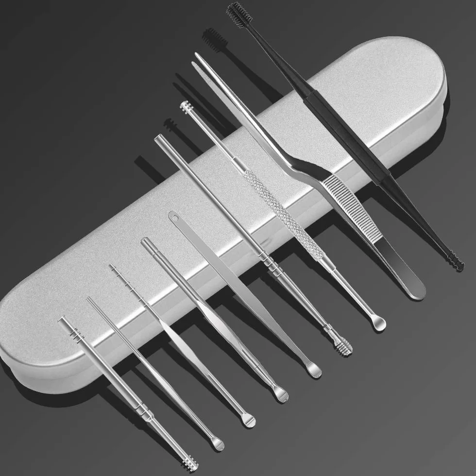 Pulisci Orecchie, Kit di Rimozione del Cerume, 9 Pezzi di Strumenti per Pulizia dell’Orecchio in Acciaio Inox, Professionale Pinzetta Curva Curetta Doppio-Punto Spirale con Scatola per Adulti Bambini