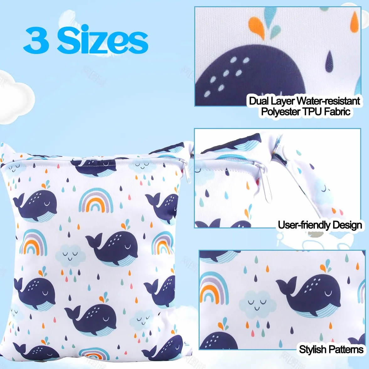 EKKONG Wetbag, 3 pezzi Wet Bag Borsa, Wetbag Pannolini Riutilizzabile, Borsa per Pannolini Lavabili Riutilizzabile, Sacchetto del Pannolino Lavabile con Zip Impermeabile Organizzatore (Balene)