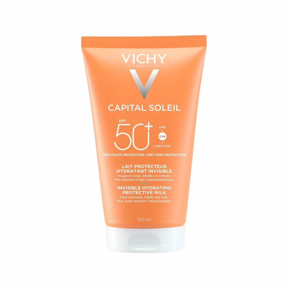Vichy Capital Soleil, Latte Idratante Fresco SPF50+, Per Viso e Corpo, Protezione Molto Alta SPF50+ da Raggi UVA e UVB, Pelle Idratata Senza Aloni Bianchi, Con Acqua Vulcanica di Vichy, 150ml