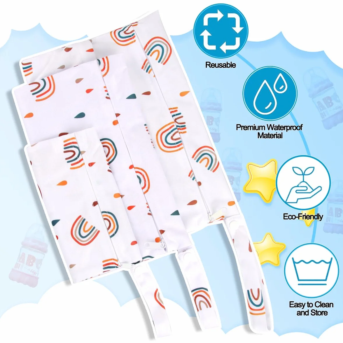 EKKONG Wetbag, 3 pezzi Borsa Pannolini Riutilizzabile, Sacchetto delPannolino Lavabile con Zip Impermeabile Organizzatore (unicorno)