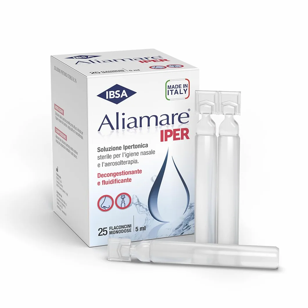 IBSA Aliamare Iper – 25 Flaconcini Monodose | Soluzione Ipertonica (3%) di Acqua di Mare. Decongestiona Il Naso e Fluidifica Il Muco