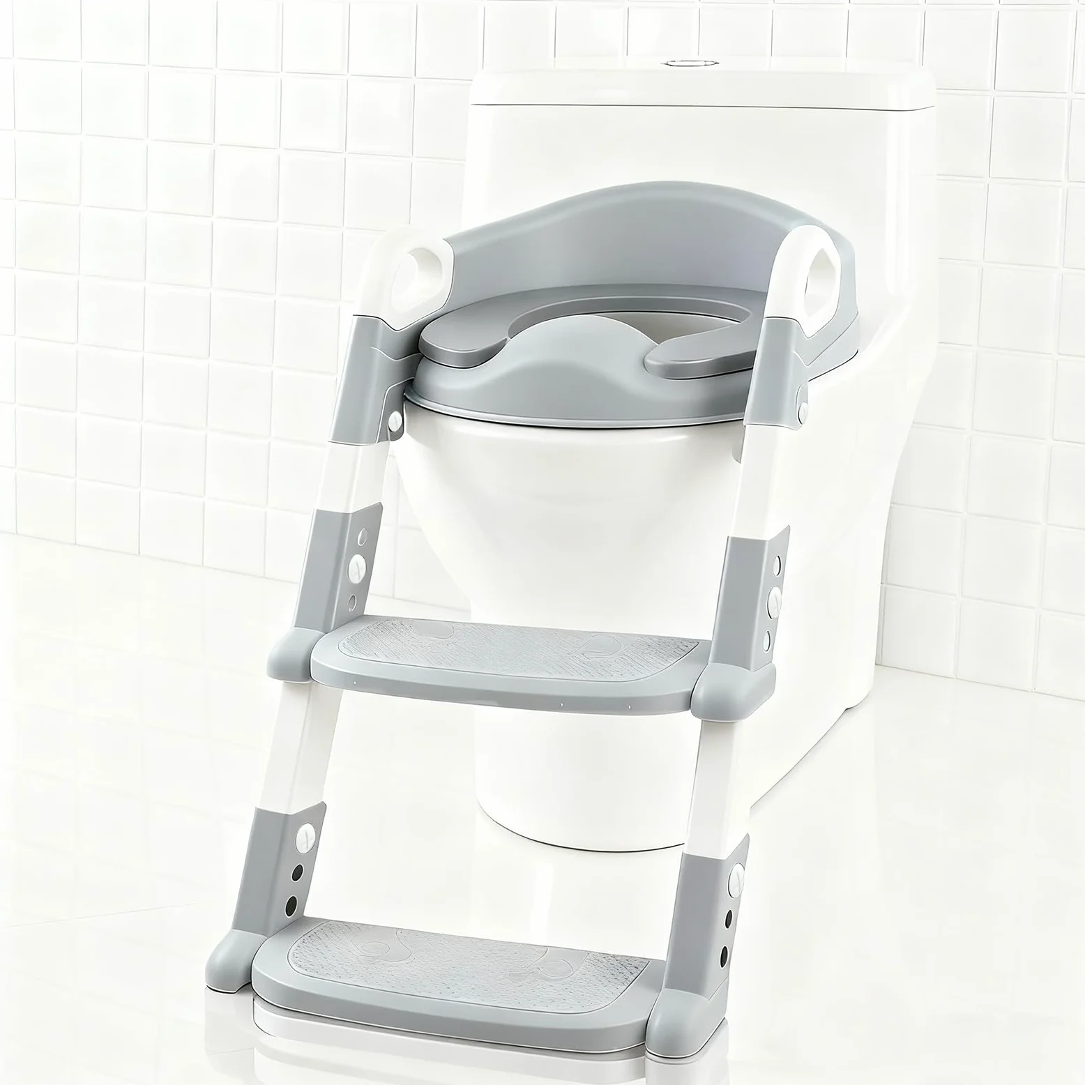 Riduttore WC Bambini 3 in 1 con Scaletta e Cuscino Rimovibile, Altezza Regolabile, Antiscivolo con Rivestimento in PU Morbido, Adattore Water Pieghevole per Addestramento (2-7 anni, Grigio)