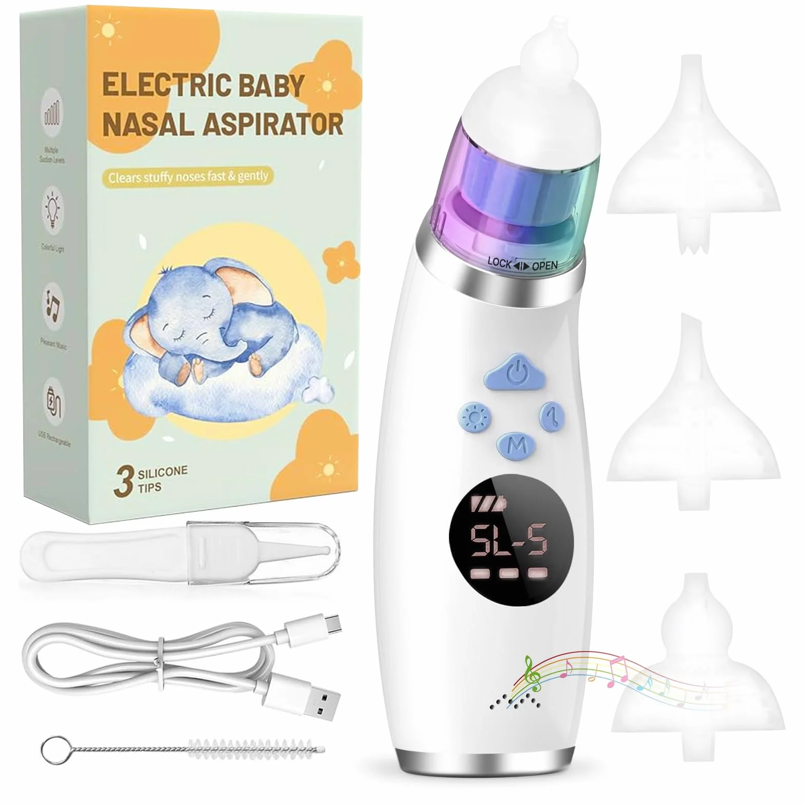 Aspiratore Nasale Neonato Elettrico, Aspira Muco Bambini Portatile con Display LCD e Custodia, 3 Beccucci in Silicone, Silenzioso, Pulizia Naso USB
