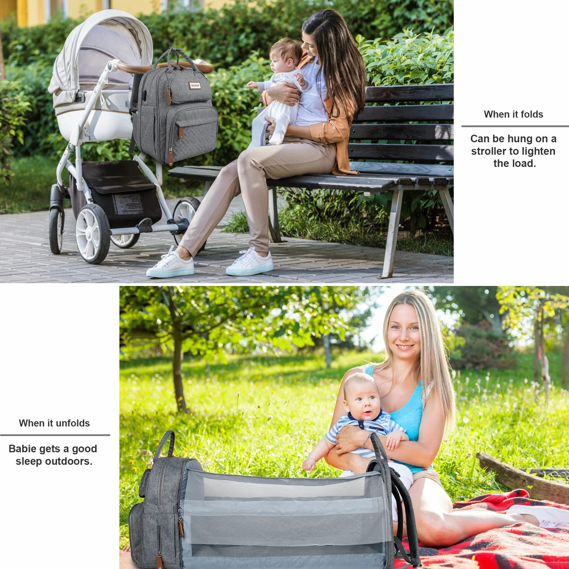 SNDMOR Zaino per Fasciatoio, Borsa per Bebè Unisex Grande con Fasciatoio, Grande Capacità, Impermeabile alla Moda (Grigio Chiaro)
