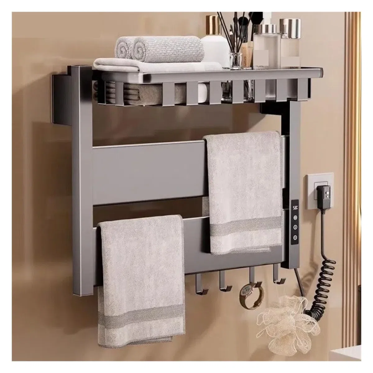 Portasciugamani Elettrico A Temperatura Controllata for La Casa, Riscaldamento, Stendibiancheria, Hotel, Portasciugamani Non Perforato, Accessori for Il Bagno Sicuro Efficace(Left,Gray-Shelf)
