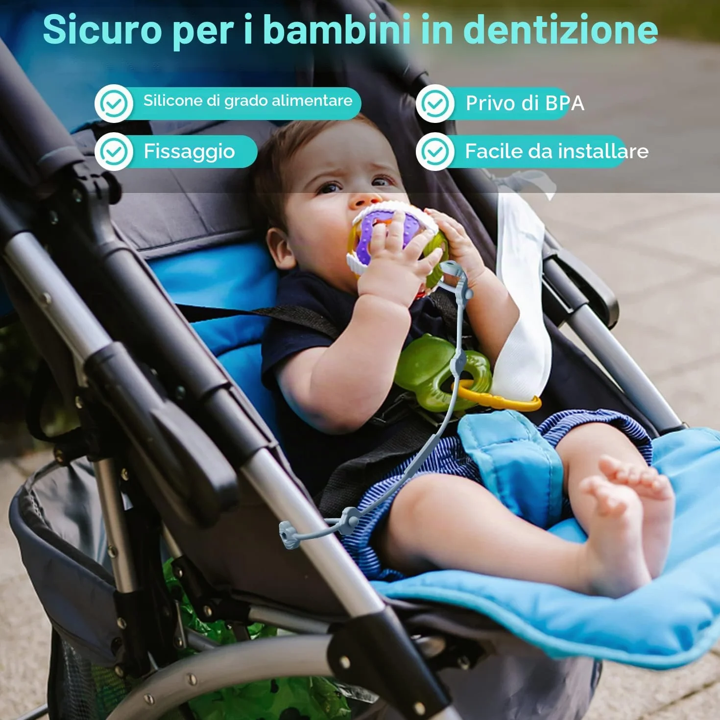 Set di 4 cinture di sicurezza per giocattoli, in silicone Pacifier, per snack, con cinghie, per passeggino, seggiolone, culla, ragazzi e ragazze di 3 mesi