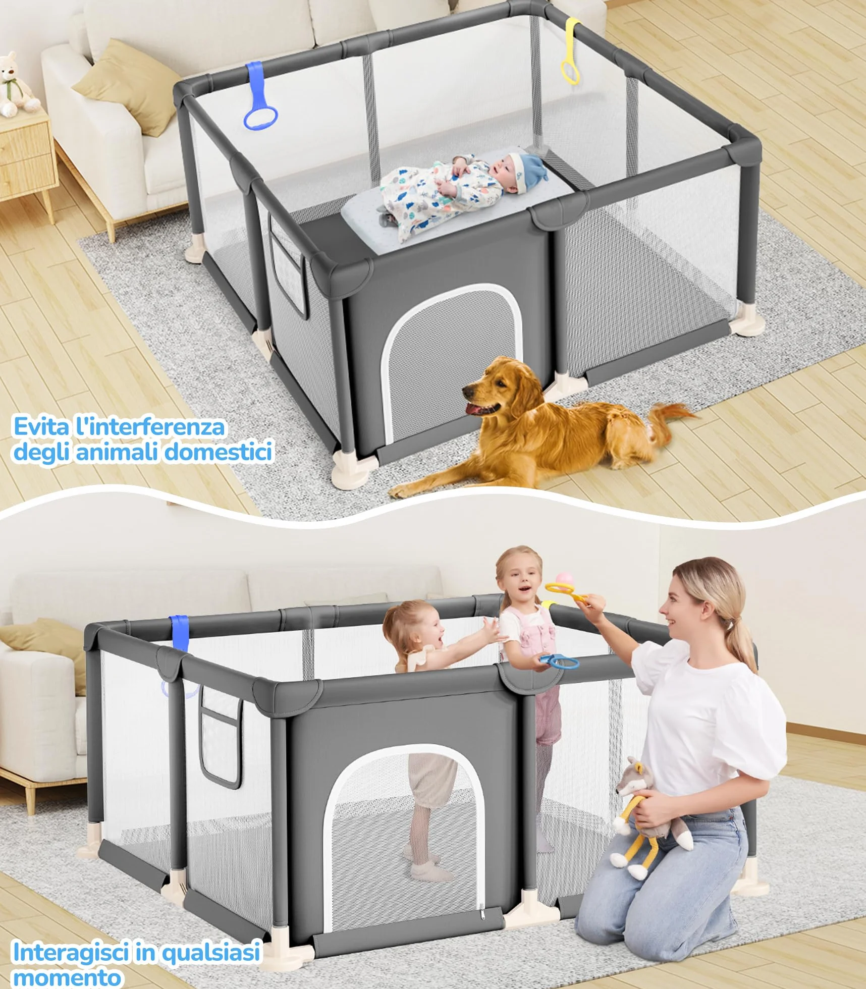 Dripex Box per Bambini Recinto Neonato - Small - Grigio Scuro | 124 x 124 cm Rete Traspirante Tessuto Oxford 210D, 2 Anelli di Gioco