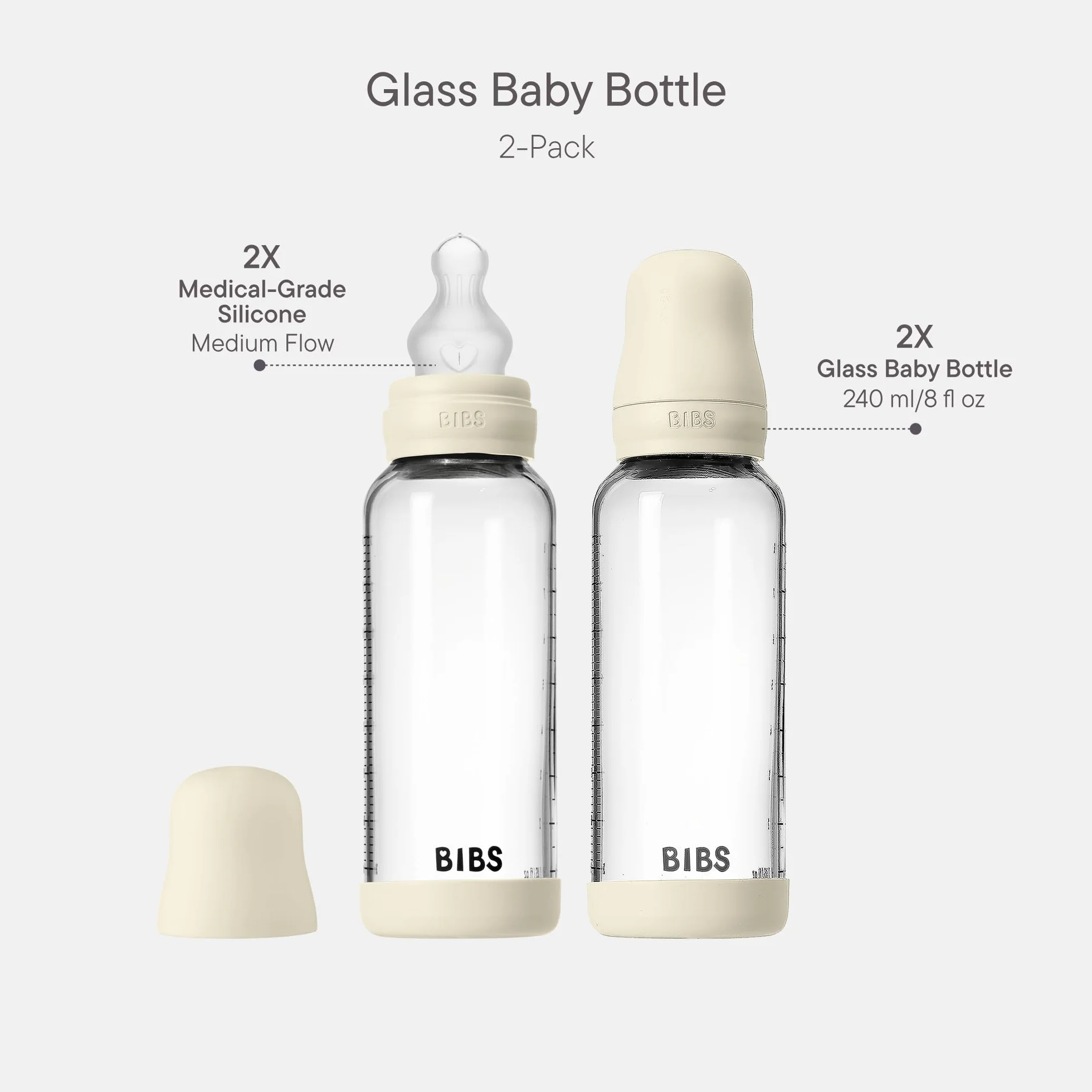 Biberon in vetro BIBS. Anti-coliche. Set di 2.Tettarella rotonda in Silicone. Favorisce l'allattamento naturale al seno, Complete Set - 240 ml (Pack of 2), Ivory