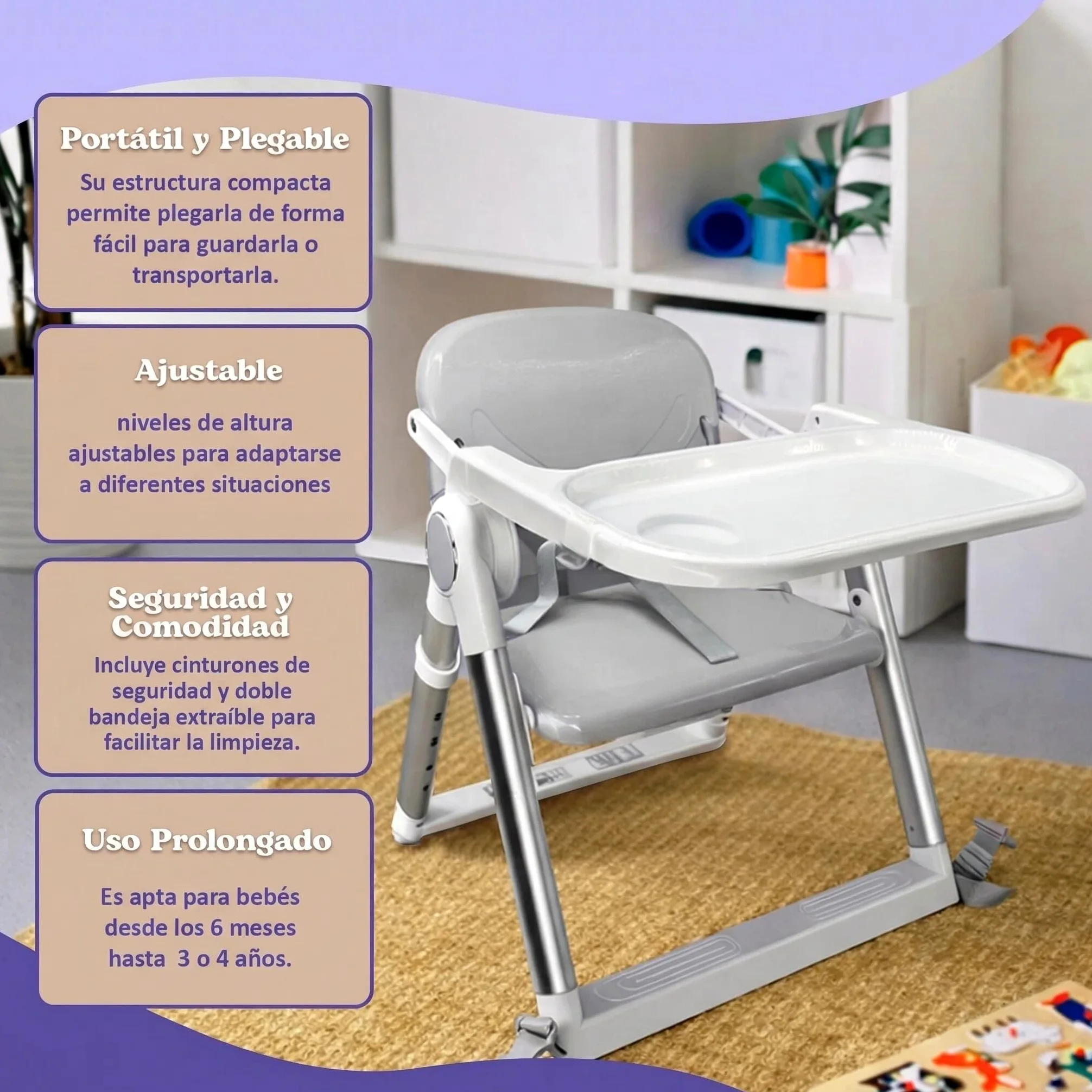 Seggiolone Pappa Bambino Portatile Pieghevole 2 in 1, Rialzo Sedia con Cinghie di Fissaggio, 4 Altezze Regolabili, Vassoio Rimovibile, Borsa da Trasporto, 6-36 Mesi fino a 15 kg (Grigio + Argento)