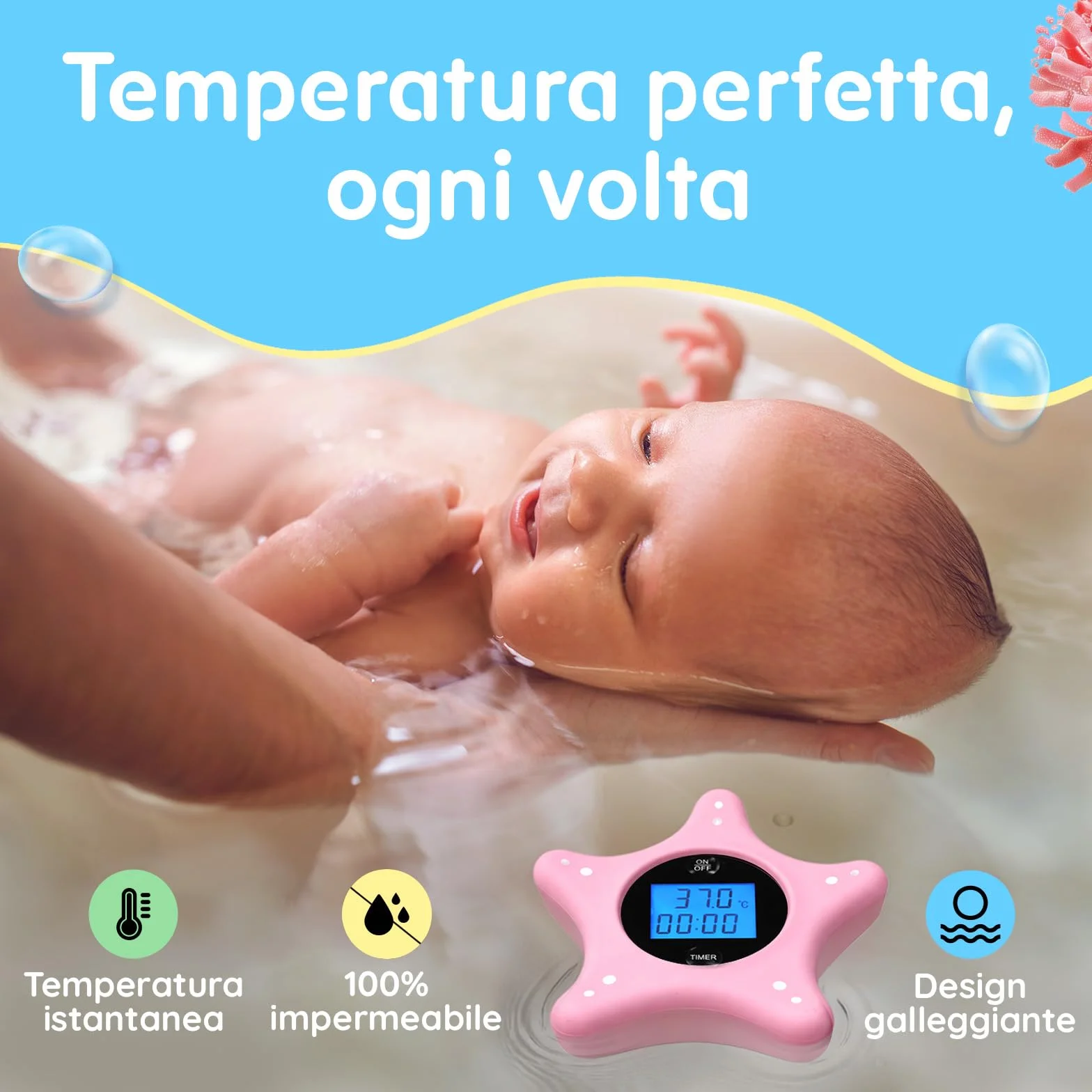 Termometro Bagno Neonato Digitale e Timer - Stella Marina in Silicone Morbido - Termometro ad Acqua Galleggiante - Giocattolo per Neonati e Bambini