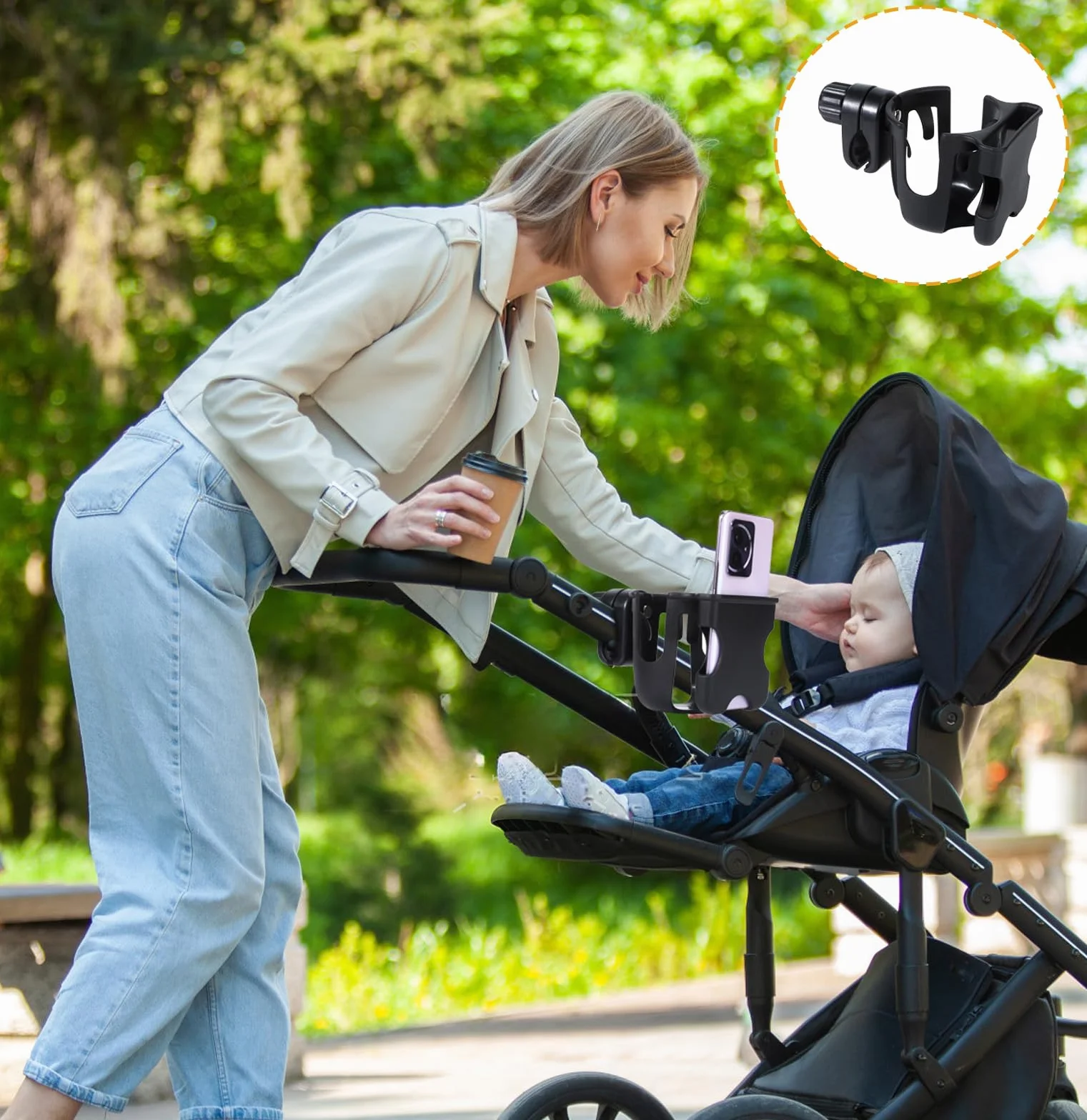 Portabicchieri per Passeggino, Portabicchieri Universale Con Supporto per Telefono Accessori per Passeggino Portabottiglie per carrozzina, passeggino, bicicletta