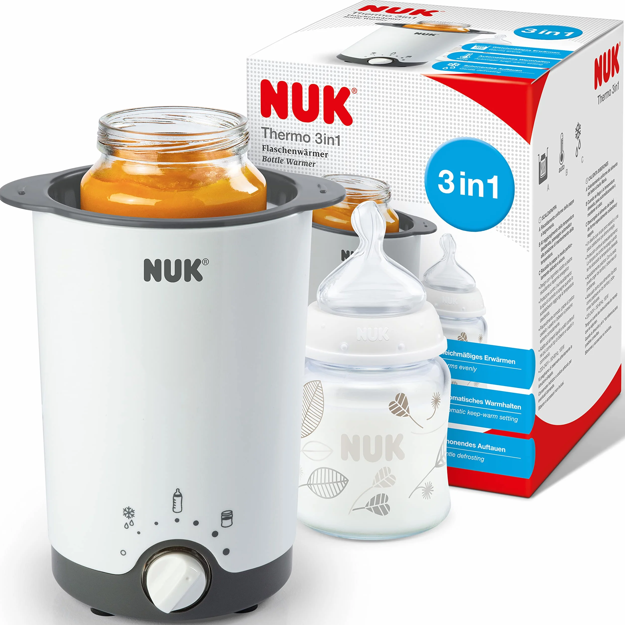 NUK Thermo 3in1 scaldabiberon | Scongela delicatamente, riscalda e mantiene la temperatura di cibi liquidi e morbidi | Cestello estraibile per una semplice rimozione | Spina europea a 2 poli