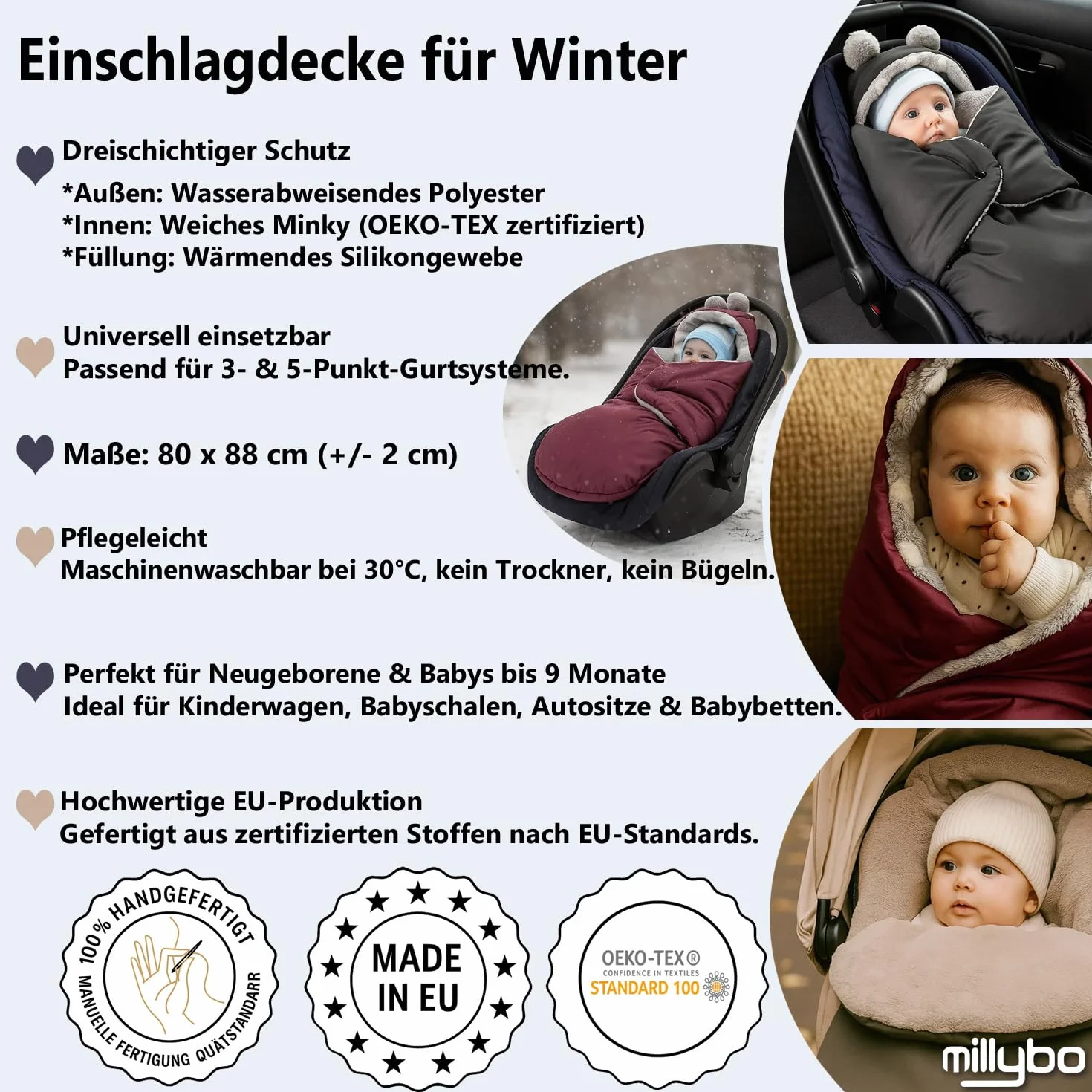 Coprigambe per bambini, per l'inverno, adatto per passeggino, ovetto, seggiolino auto, passeggino (605.021 nylon, grafite, Minky, grigio (cuore bianco))