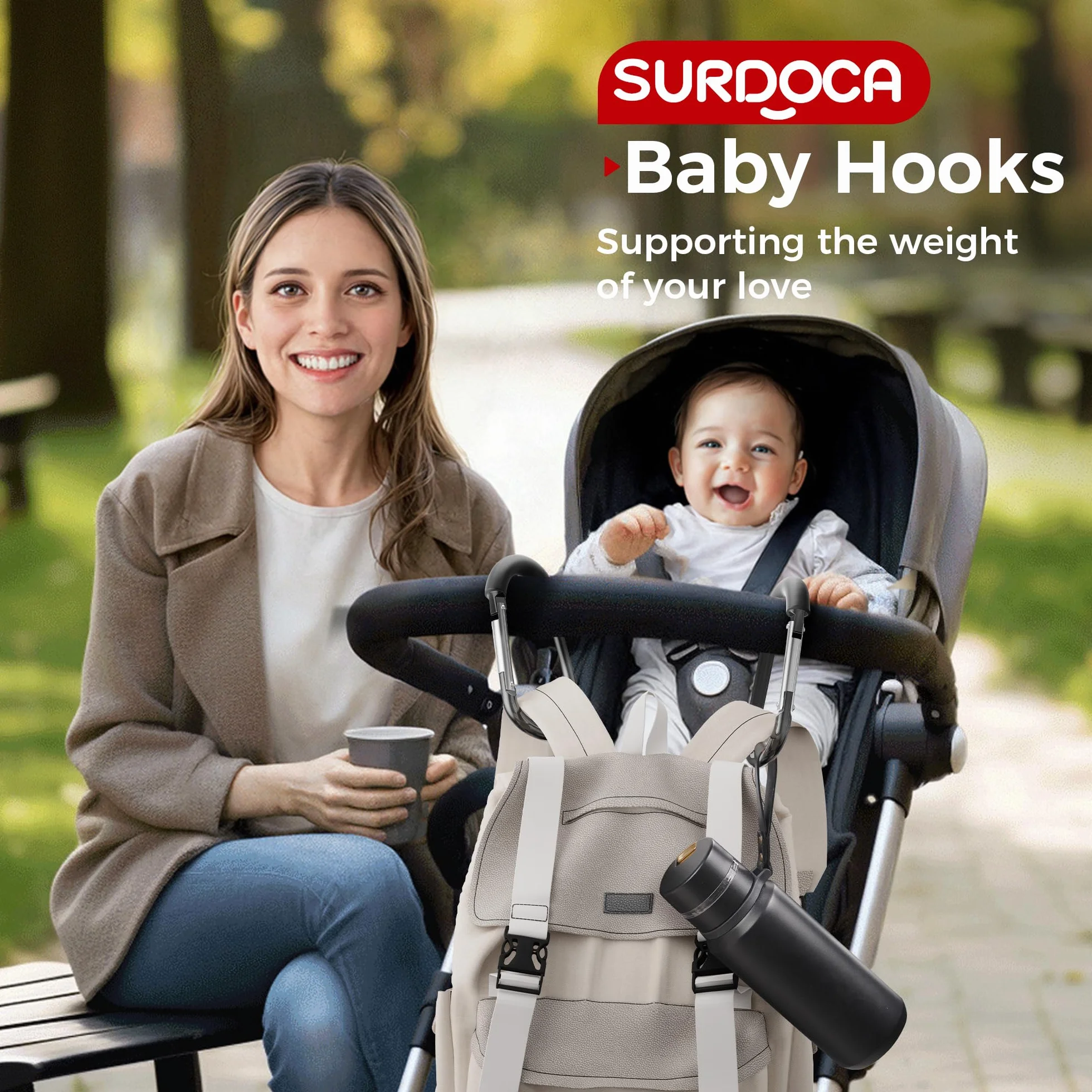 SURDOCA Ganci per passeggino, grandi ganci per passeggino per borse, clip e ganci universali per passeggino, gancio mamma per passeggino resistente, accessori per passeggino per mamma tutto nero 1