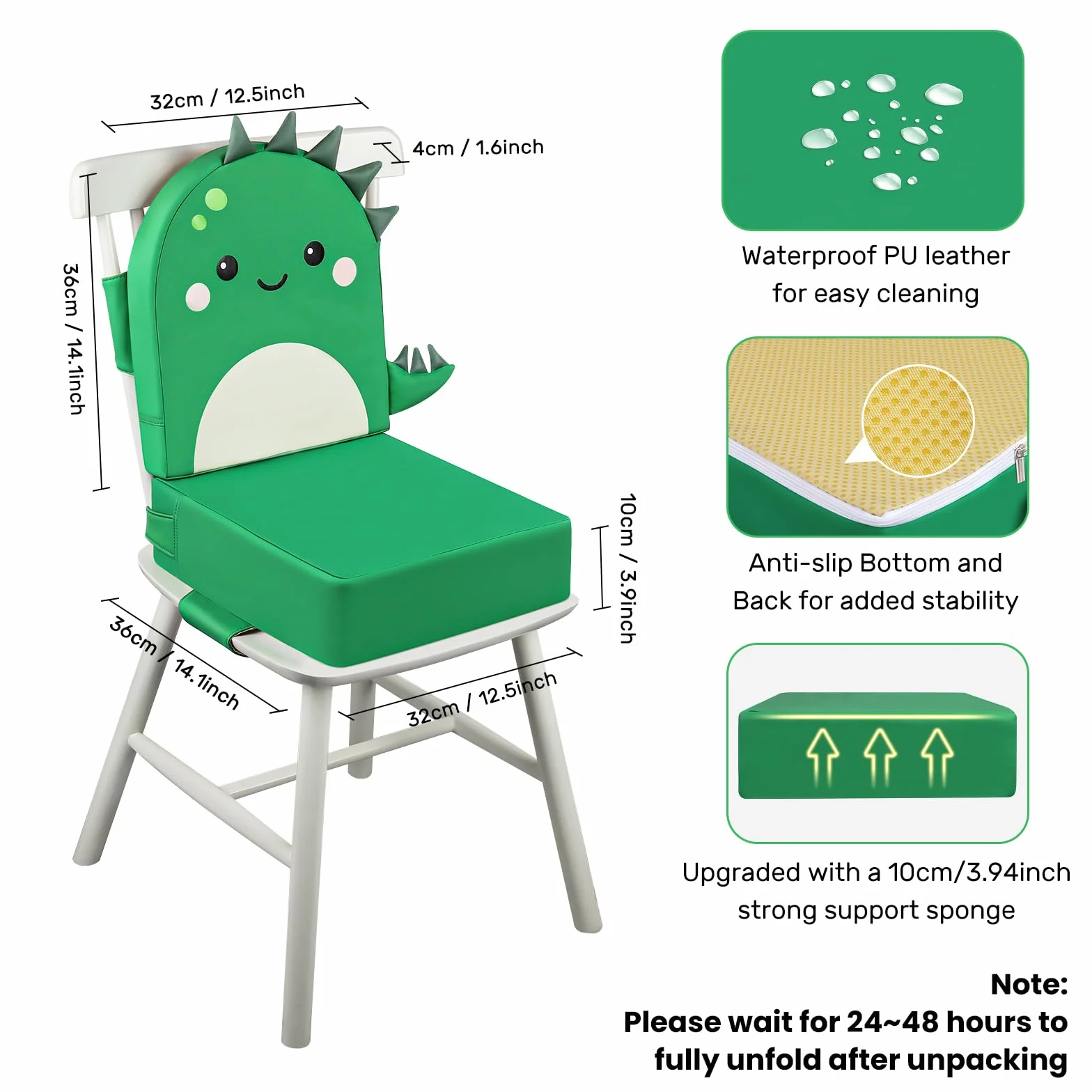 Rialzo Sedia per Bambini 2 Pezzi, 10cm PU Portatile Alzasedia Da Tavolo, Cuscino Sedia, con Cinghie Regolabili per Seggioloni Alza Sedia - Dinosauro Verde