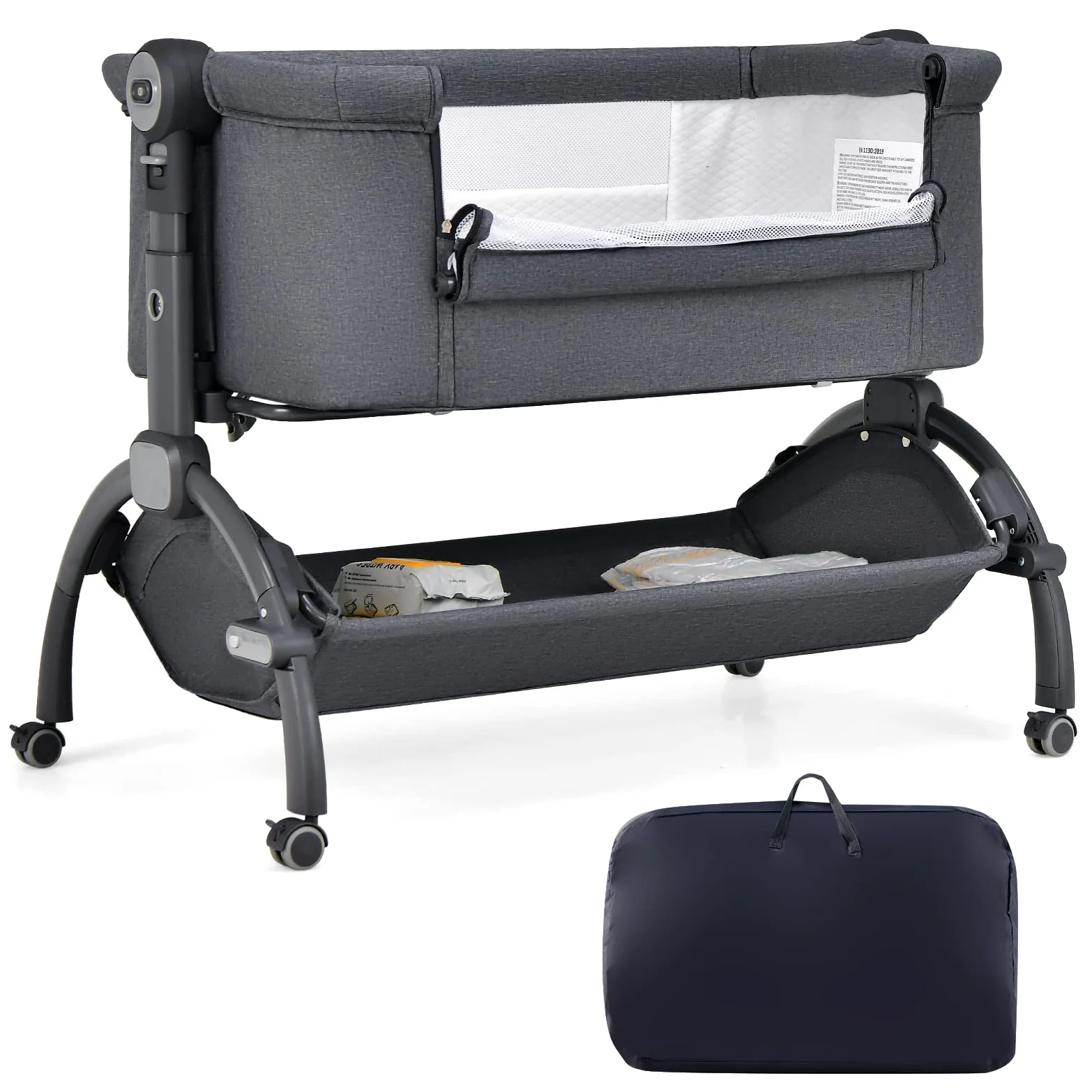RELAX4LIFE Culla Neonato Fianco Letto, con Materasso, Zanzariera Cinghia Fissaggio, Regolabile In Altezza 7 Posizioni, Borsa di Trasporto, per Bambini 0-6 Mesi fino a 9kg (Grigio1)