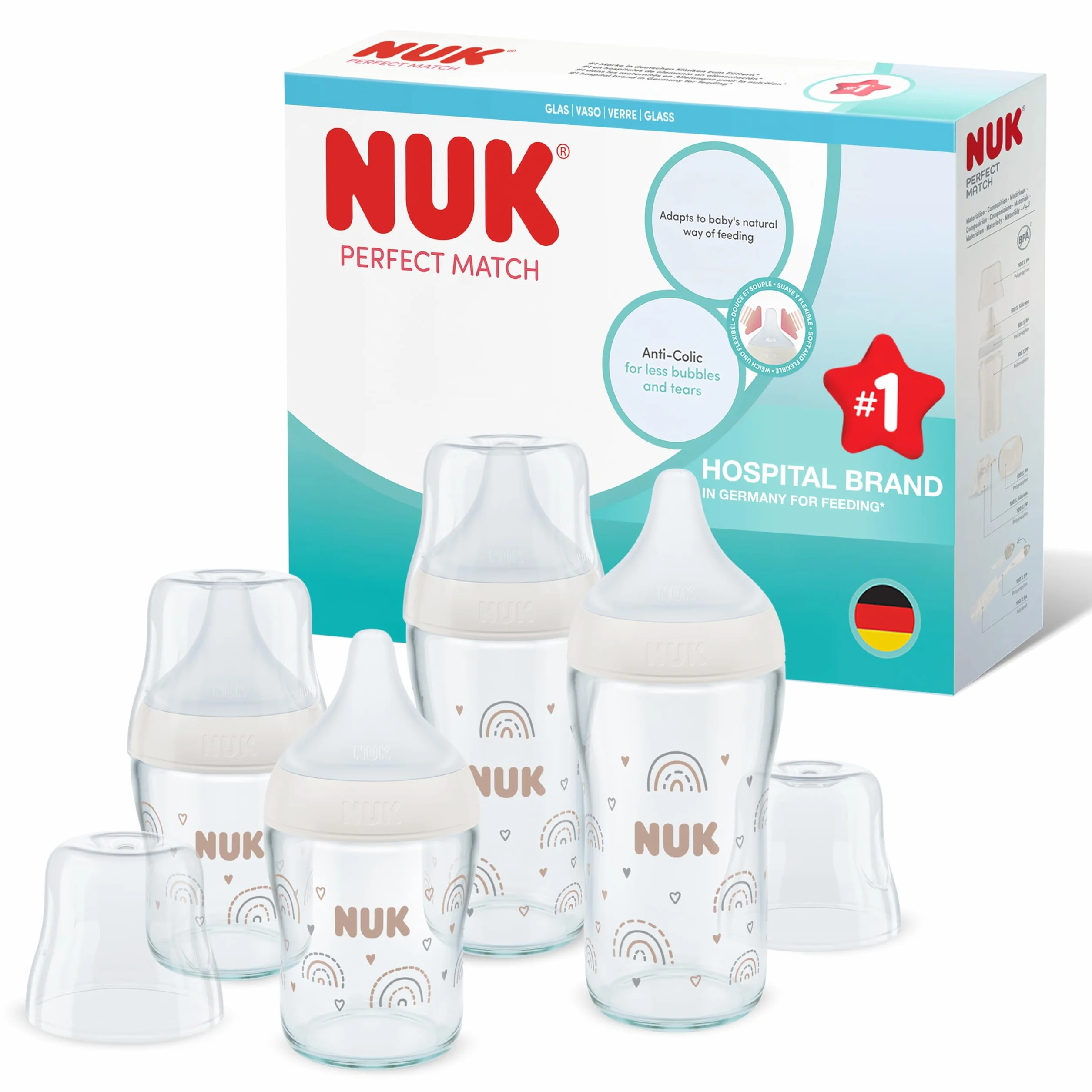 NUK Set biberon vetro Perfect Match | 3+ mesi | Si adatta al palato del bambino | Controllo temperatura | Sfiato anti-colica | 120 ml e 230 ml | Senza BPA | Tettarelle in silicone | Arcobaleno | 4 pz
