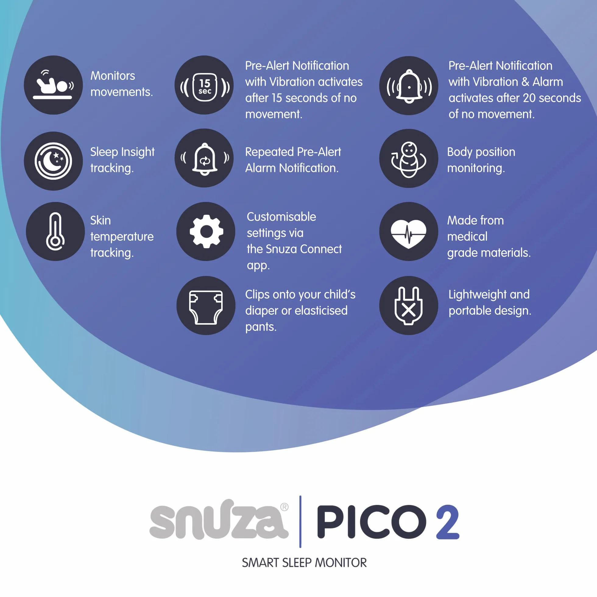 Baby monitor del sonno intelligente Snuza Pico 2 con app
