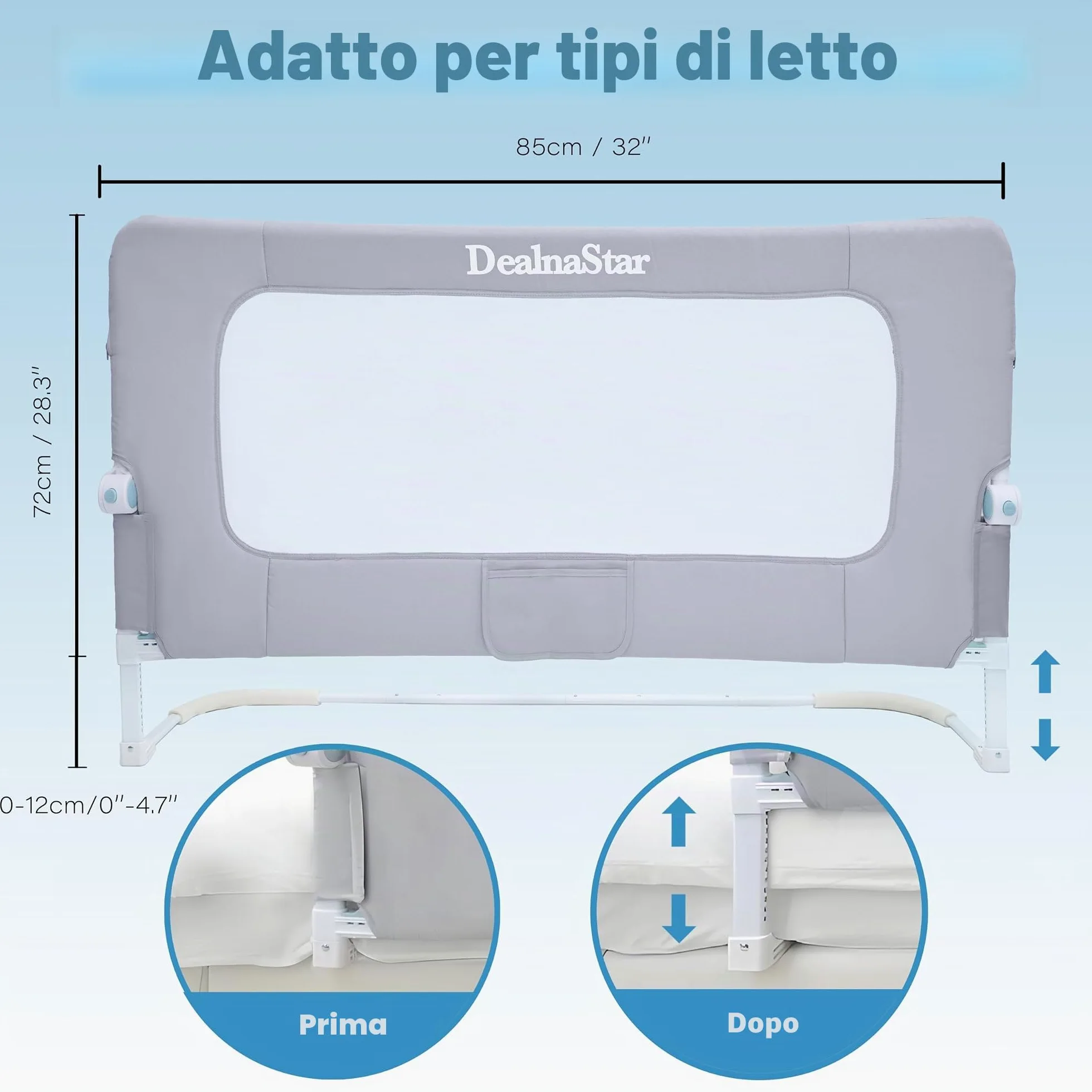Sponda per letto per bambini, pieghevole, 32in / 85 cm di altezza, regolabile, protezione di sicurezza per bambini, universale, per letti doppi/matrimoniali/king/queen size.