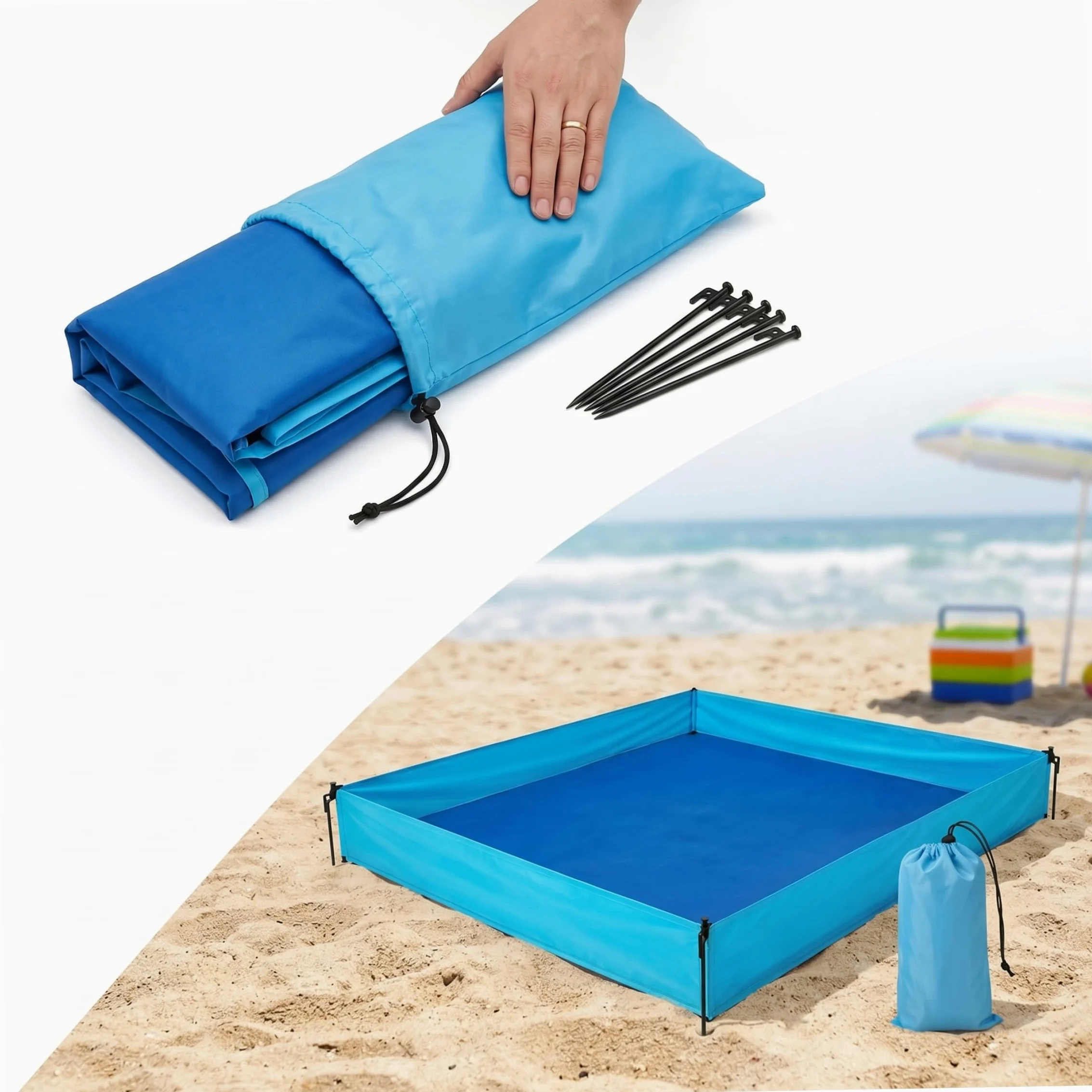 Box da spiaggia per bambino, Box da esterno per bambino, Coperta da spiaggia pieghevole con superficie impermeabile, Blu, 72, 83x57, 09x9, 84 pollici