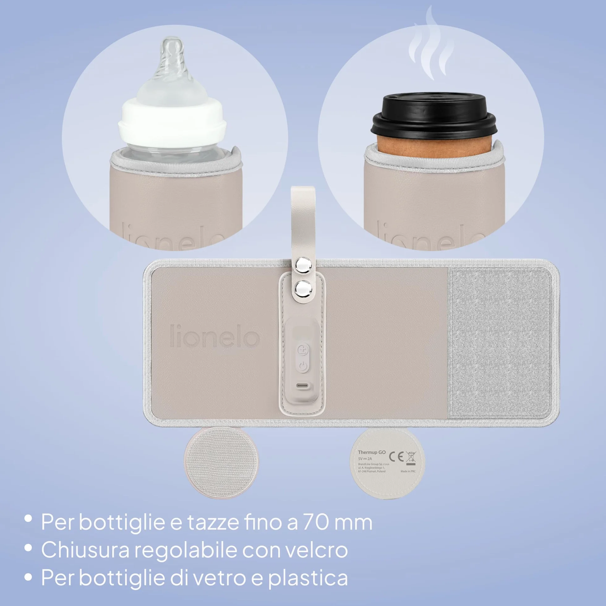 LIONELO Thermup Go Scaldabiberon portatile per mantenere la temperatura, Alimentato tramite il cavo USB Mantenere temperatura di latte e pappe neonato, Scaldabiberon auto, Senza BPA Piccolo e leggero