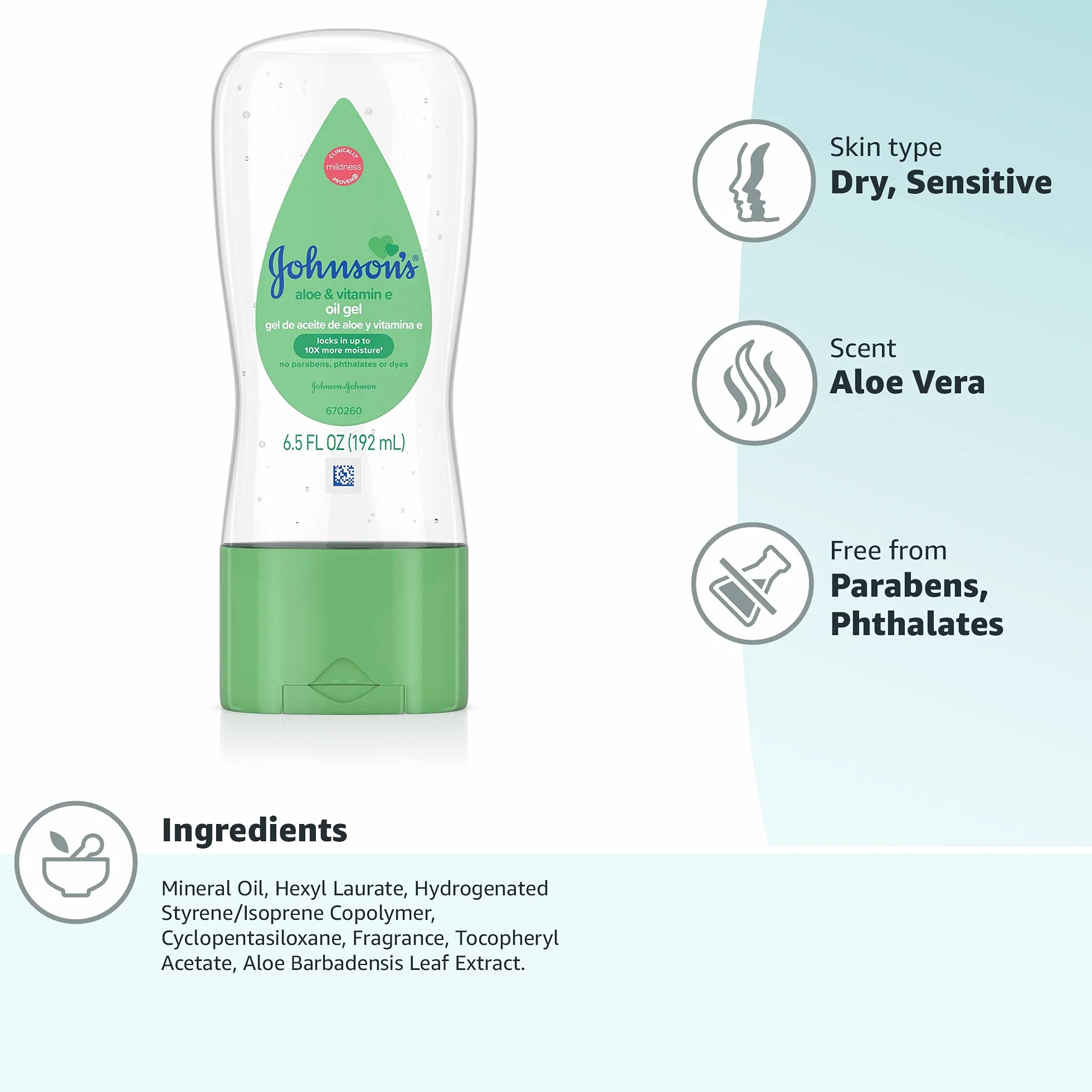 Johnson & Johnson 003296 Bambino Gel olio con Aloe & Vitamina E, 6,5 once