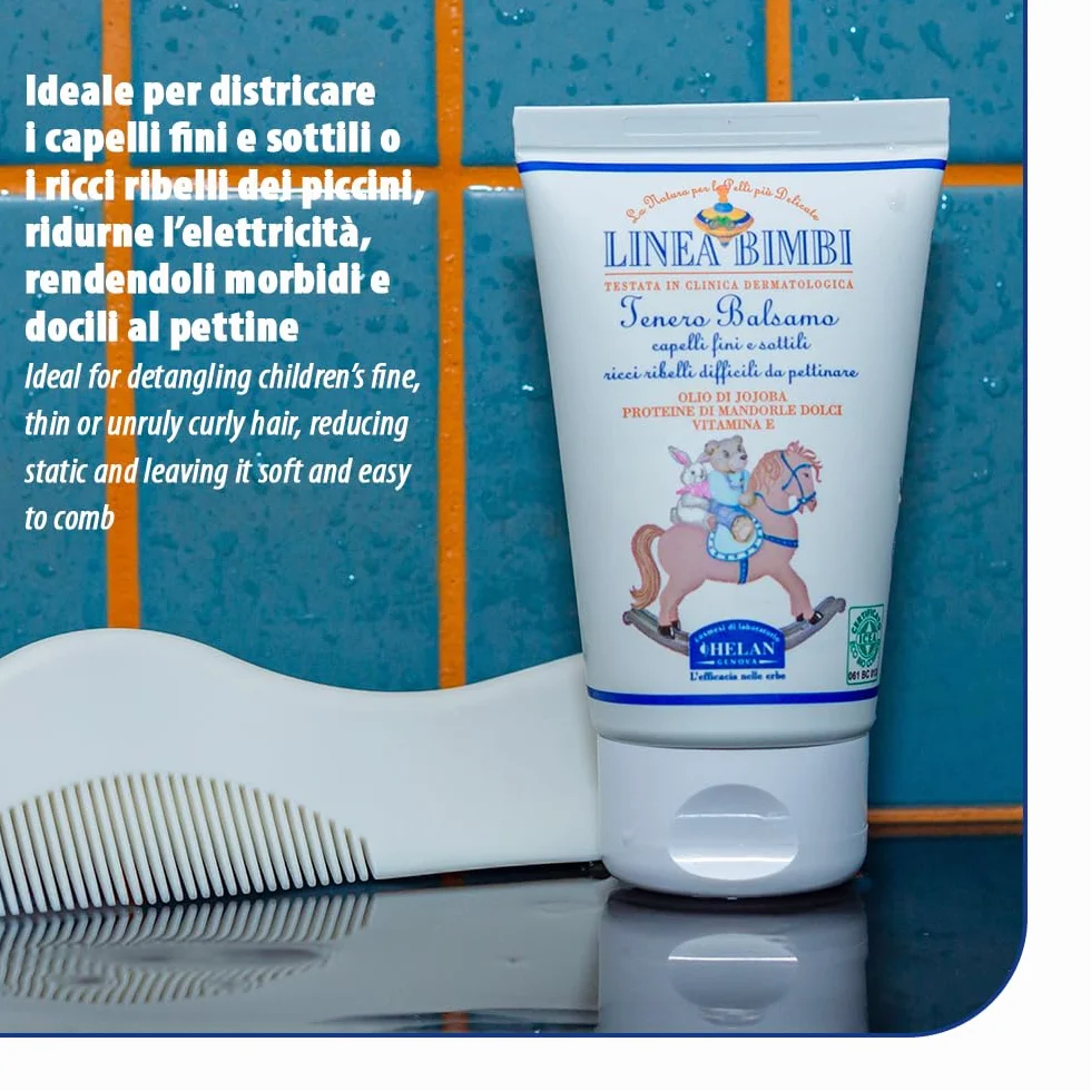 Helan, Linea Bimbi - Balsamo Capelli Ricci e Difficili da Pettinare Bambini, Districante Capelli Fini e Sottili Bambino e Bambina con Olio di Mandorle Dolci e Jojoba, Senza Parabeni e Siliconi - 50 ml