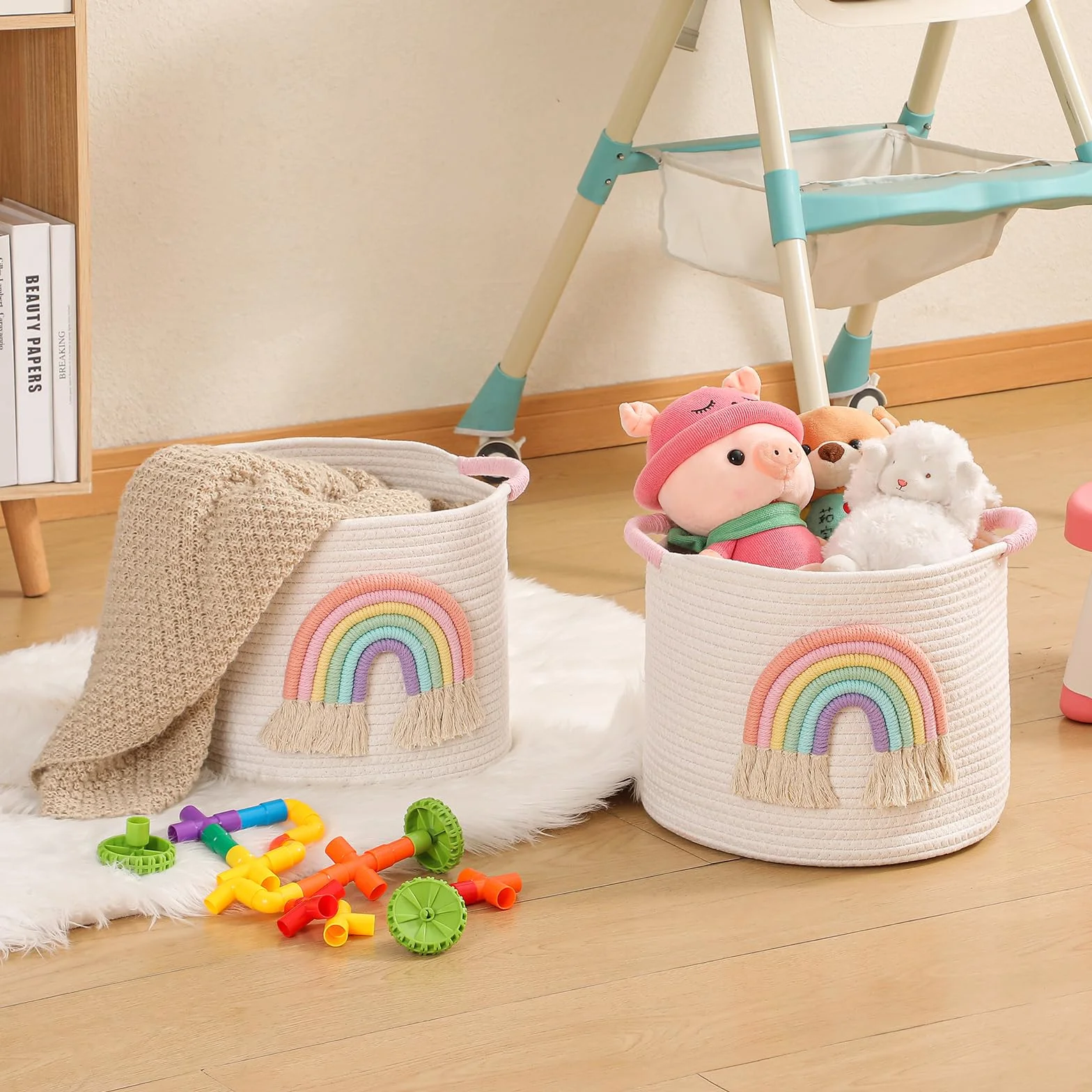 Cestini di immagazzinaggio dei giocattoli, cesto di stoccaggio in corda di cotone tessuto con decorazione arcobaleno per bambini, cestini per coperte, organizer per giocattoli, cestino arcobaleno per