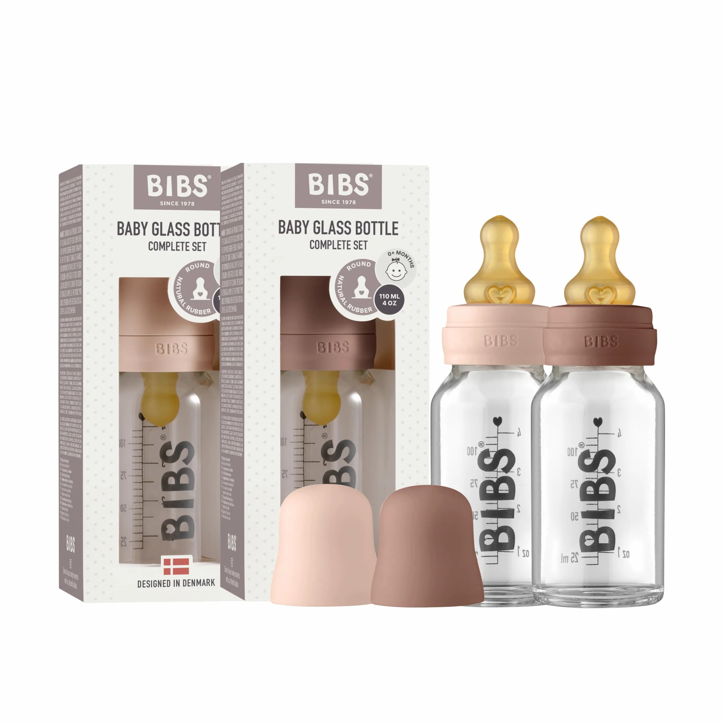 Biberon in vetro BIBS. Set di 2. Anti-coliche. Tettarella rotonda in lattice di gomma naturale. Favorisce l'allattamento naturale al seno, Complete Set - 110 ml (Pack of 2), Blush/Woodchuck