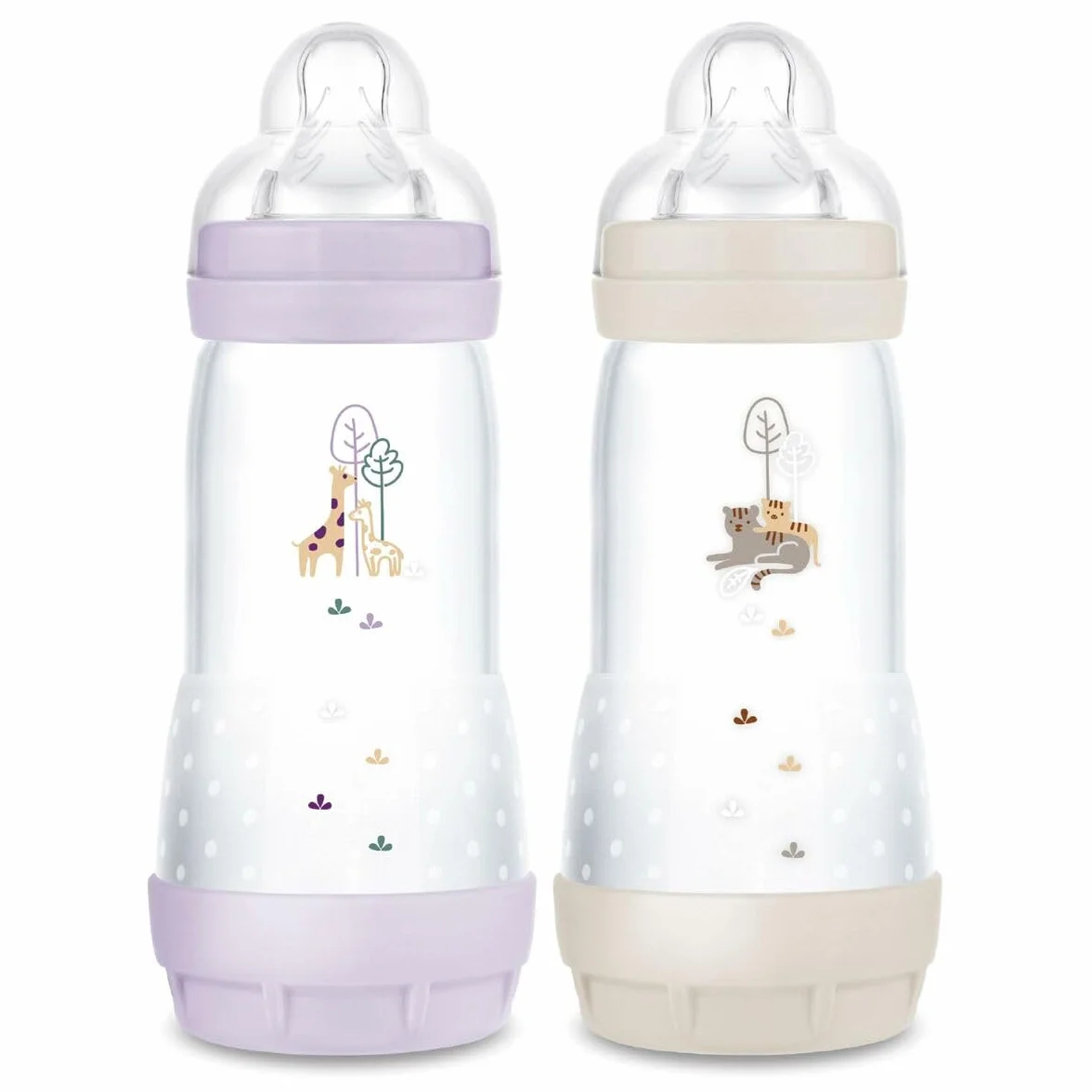 MAM 2 biberon Easy Start Anti-Colica 4+ mesi a flusso rapido (2 x 320 ml) lilla + sabbia - Biberon per ridurre le coliche e il disagio del bambino - Biberon per l'allattamento