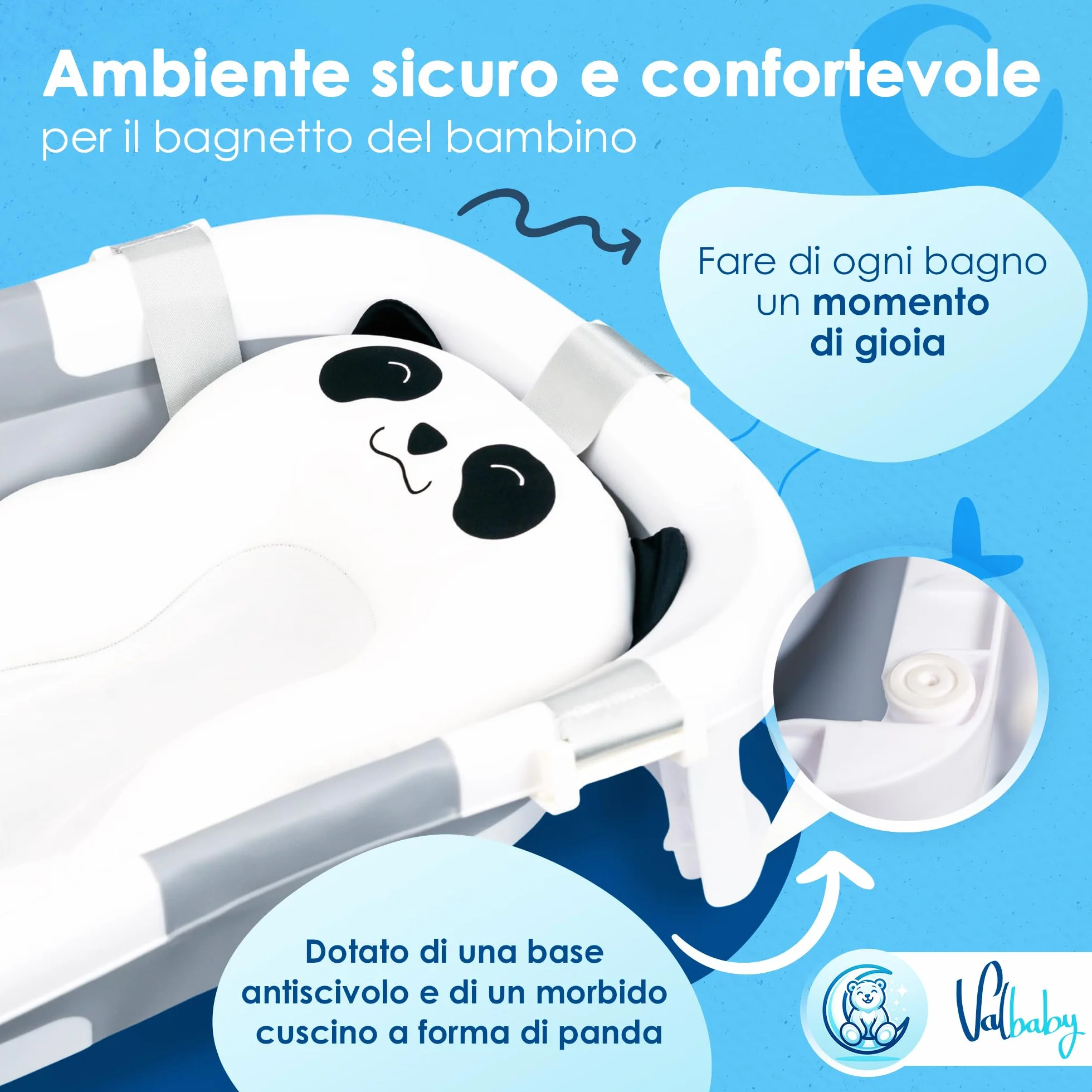 Vaschetta Bagnetto Neonato Pieghevole 0-3 Anni con Cuscino Antiscivolo Ergonomico - Vasca da Bagno Neonati Portatile e Compatta Facile da Pulire Bambini 0-3 Anni - Baby Bath Tub Sicuro | VALBABY