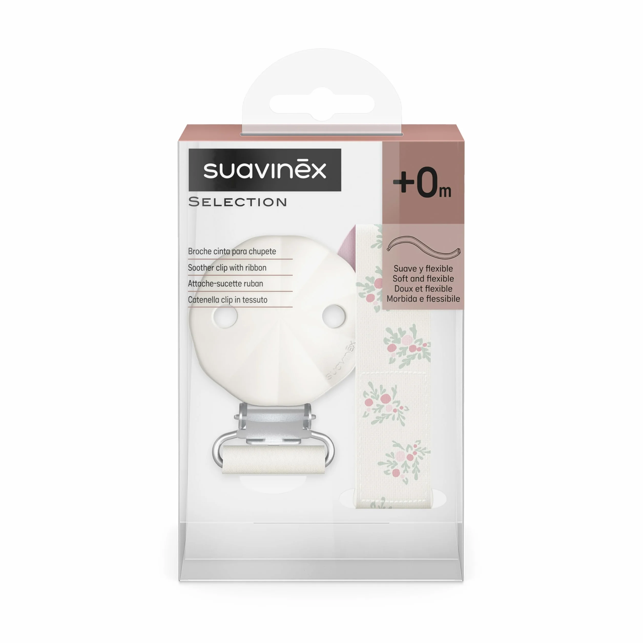 Suavinex, Portaciuccio in tessuto per neonati, morbido e flessibile, nastro con decoro su due lati, clip per ciuccio con pinza. Per neonati +0 mesi, adatto per neonati, Poetry Rosa
