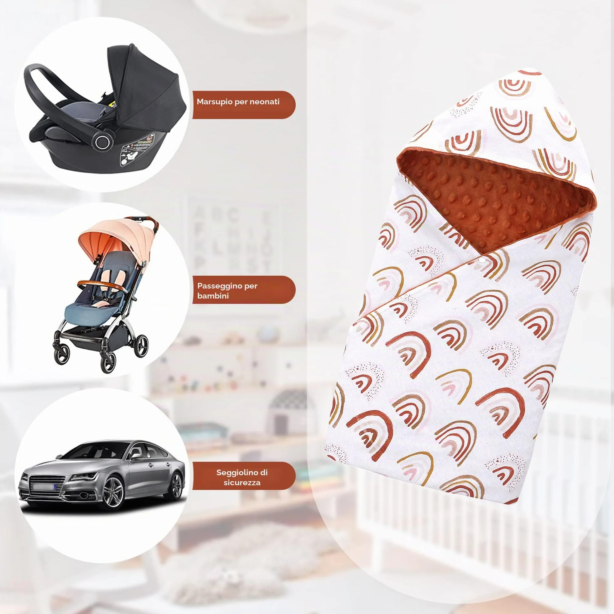 Miracle Baby Coperta Avvolgente in Cotone 90x90cm, Copertina Multifunzionale Universale per Neonati, Passeggino, Ovetto e Seggiolino Auto, Reversibile per Autunno e Inverno, Arcobaleno