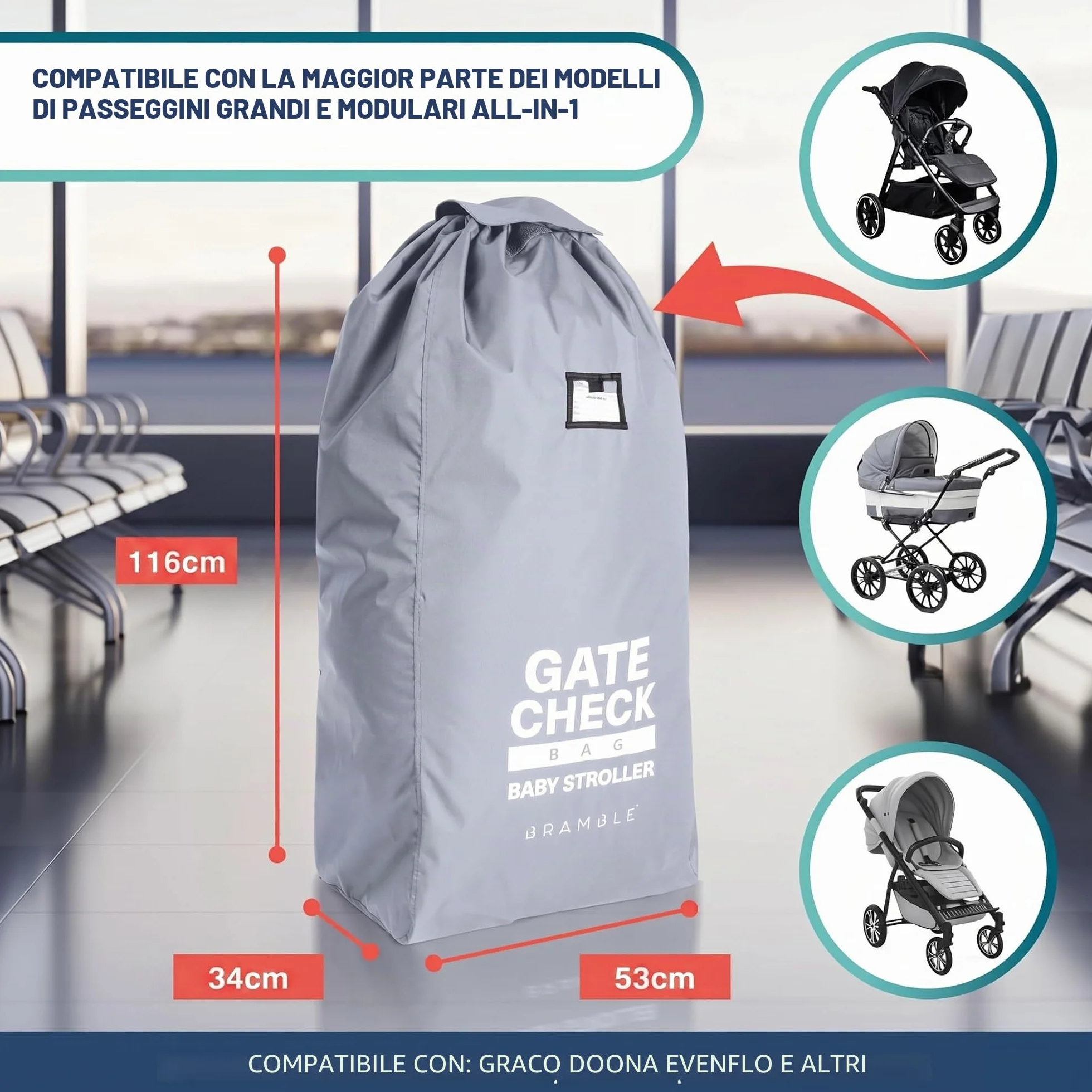 Bramble - Grande borsa copri passeggino per aereo - Borsa per passeggino e carrozzina per viaggi in aereo - Borsa protettiva resistente all'acqua per il controllo del passeggino al gate (grigio)