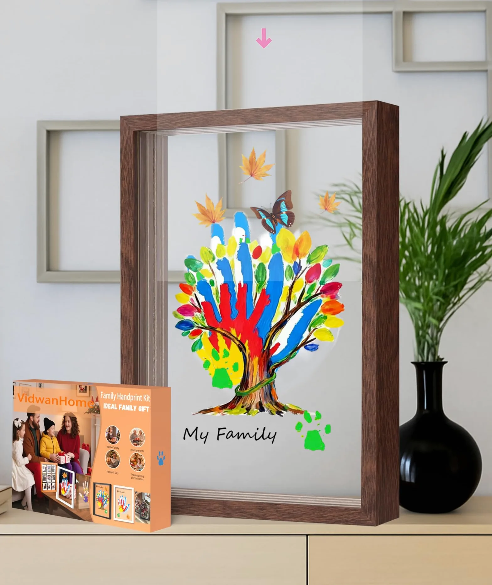 Kit per 4 impronte di mani con famiglia marrone, cornice in legno con 5 tavole acriliche trasparenti, ricordo fai da te per bambini, animali domestici, mamma, nonni, set artistico con vernice atossica